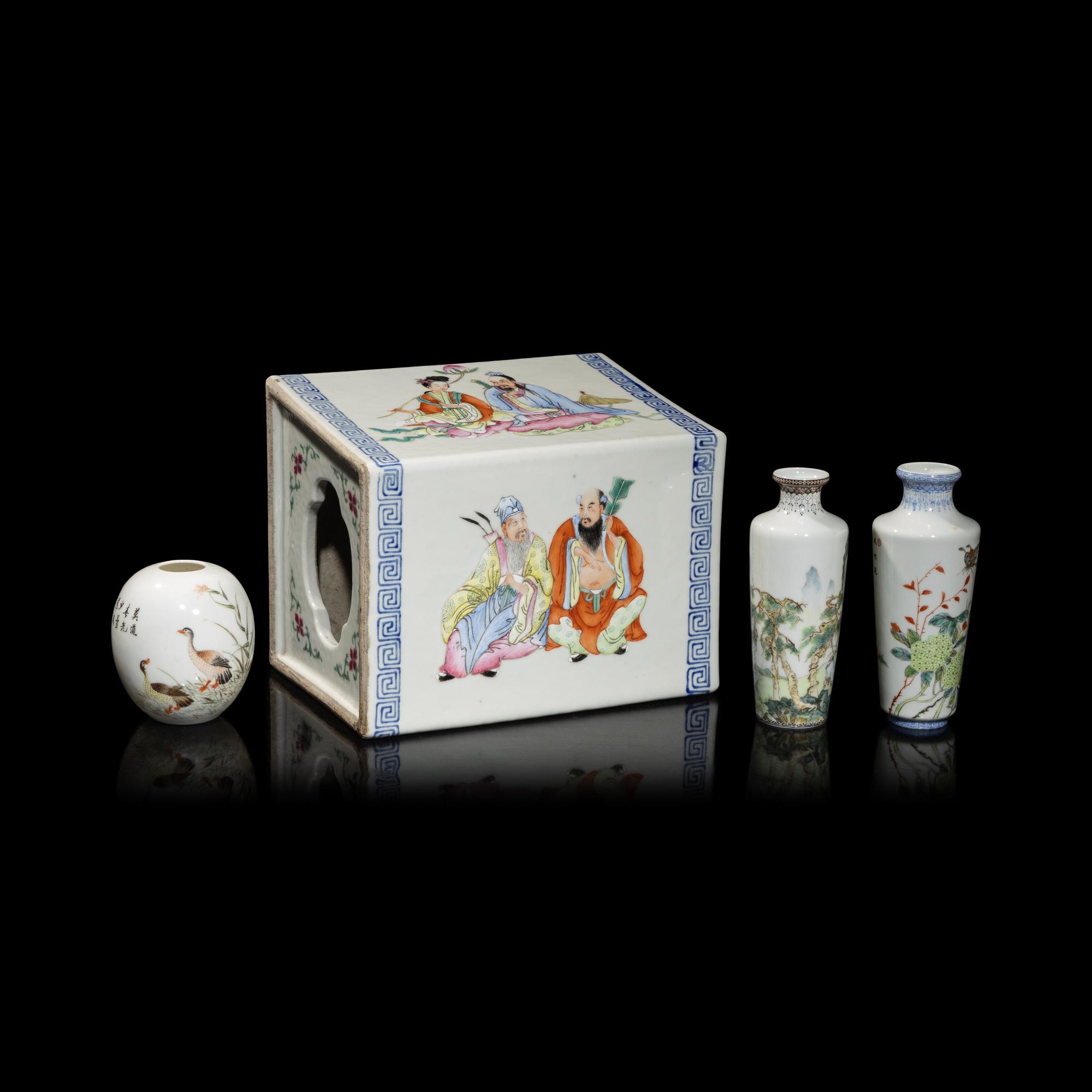 Three Chinese Eggshell Porcelain Vases and a Famille Rose Pillow, 20th Century 民國-近代 粉彩瓷三件