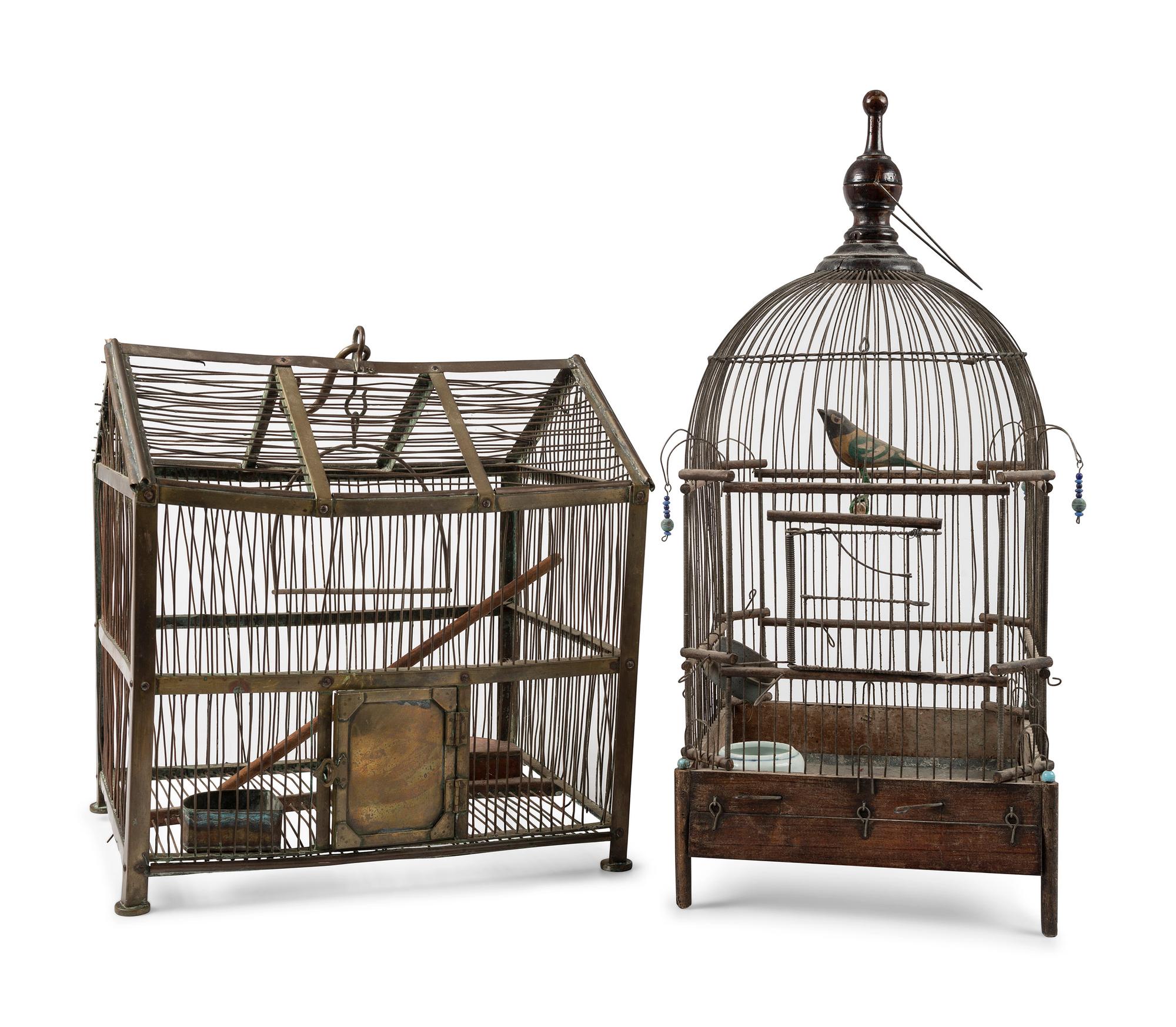 Three Folk Art Bird Cages and a Birdhouse