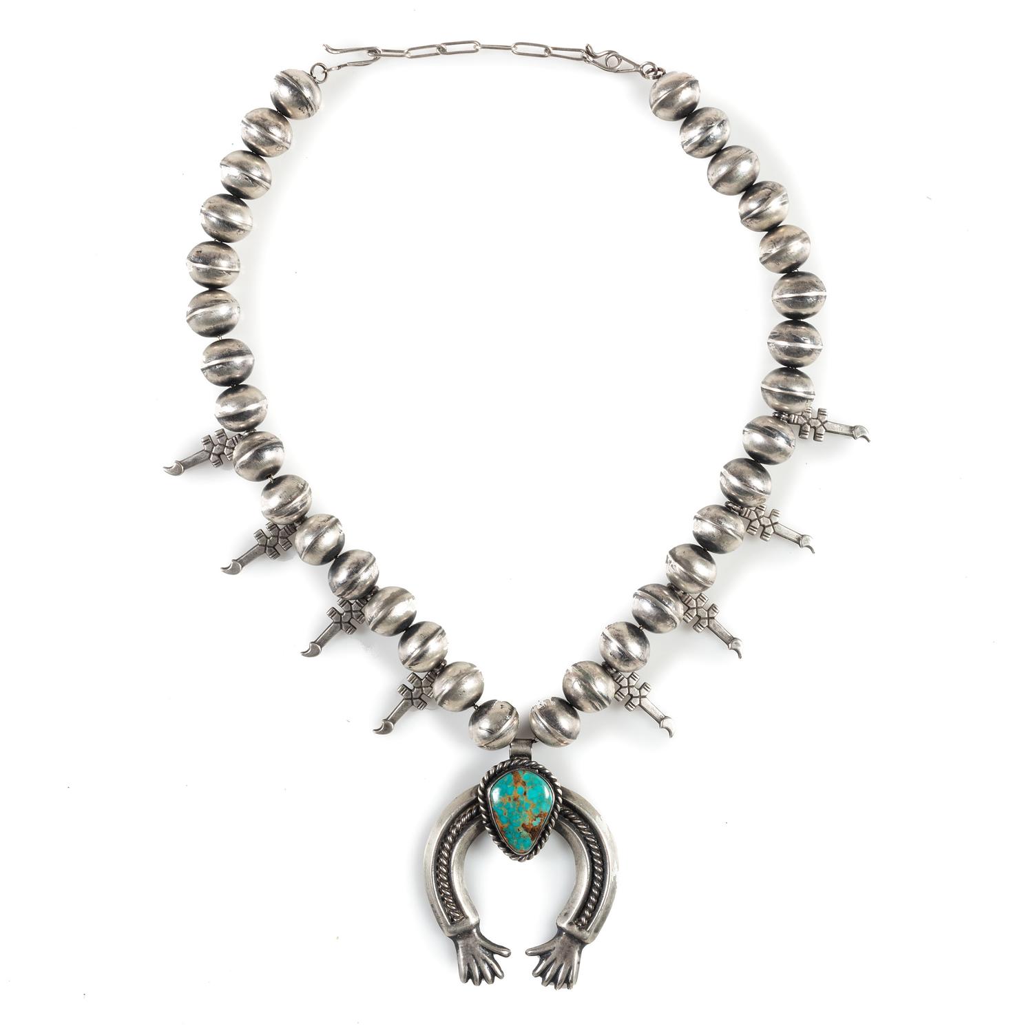 Sterling Silver and Turquoise Squash Blossom Necklace, with Double-Crosses