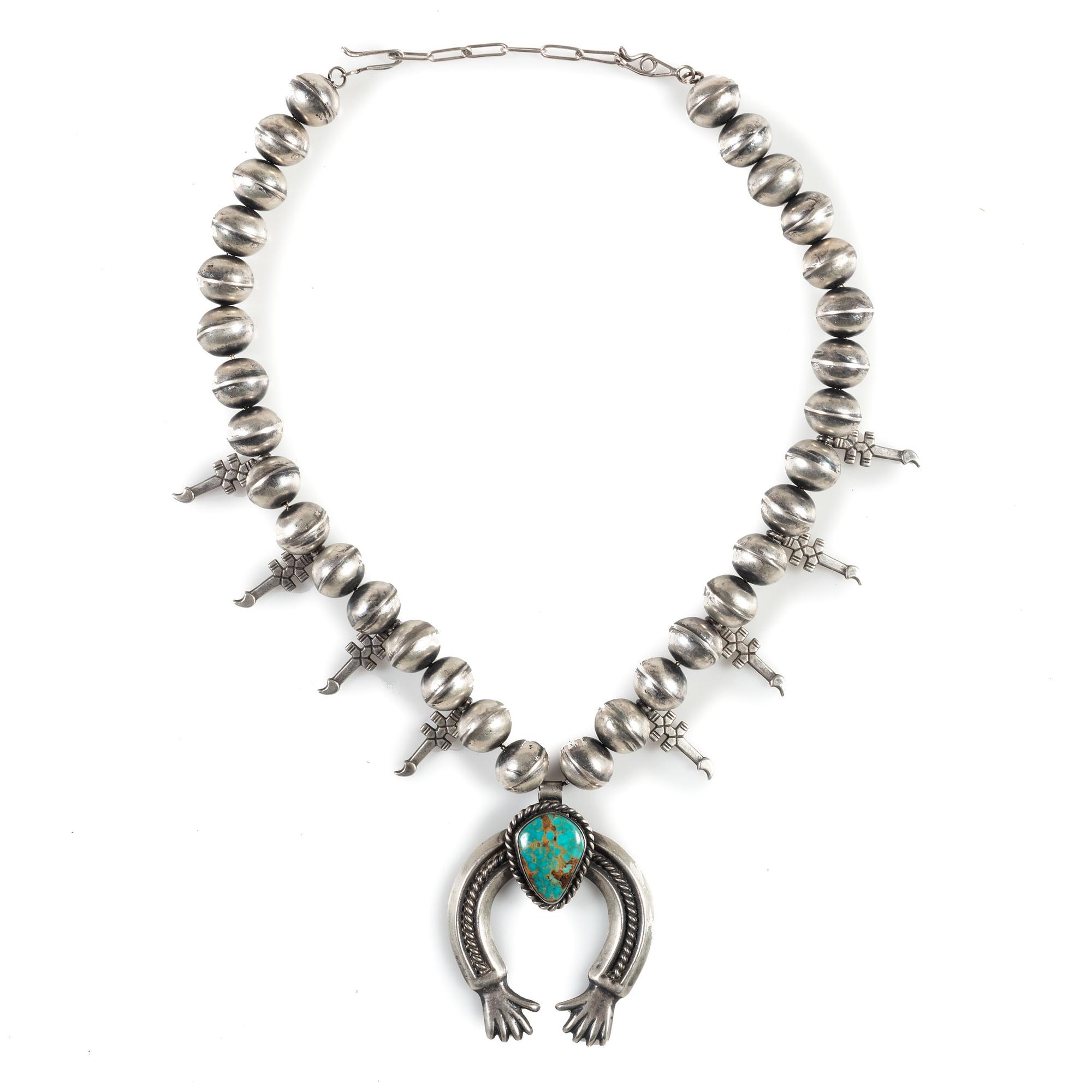 Sterling Silver and Turquoise Squash Blossom Necklace, with Double-Crosses