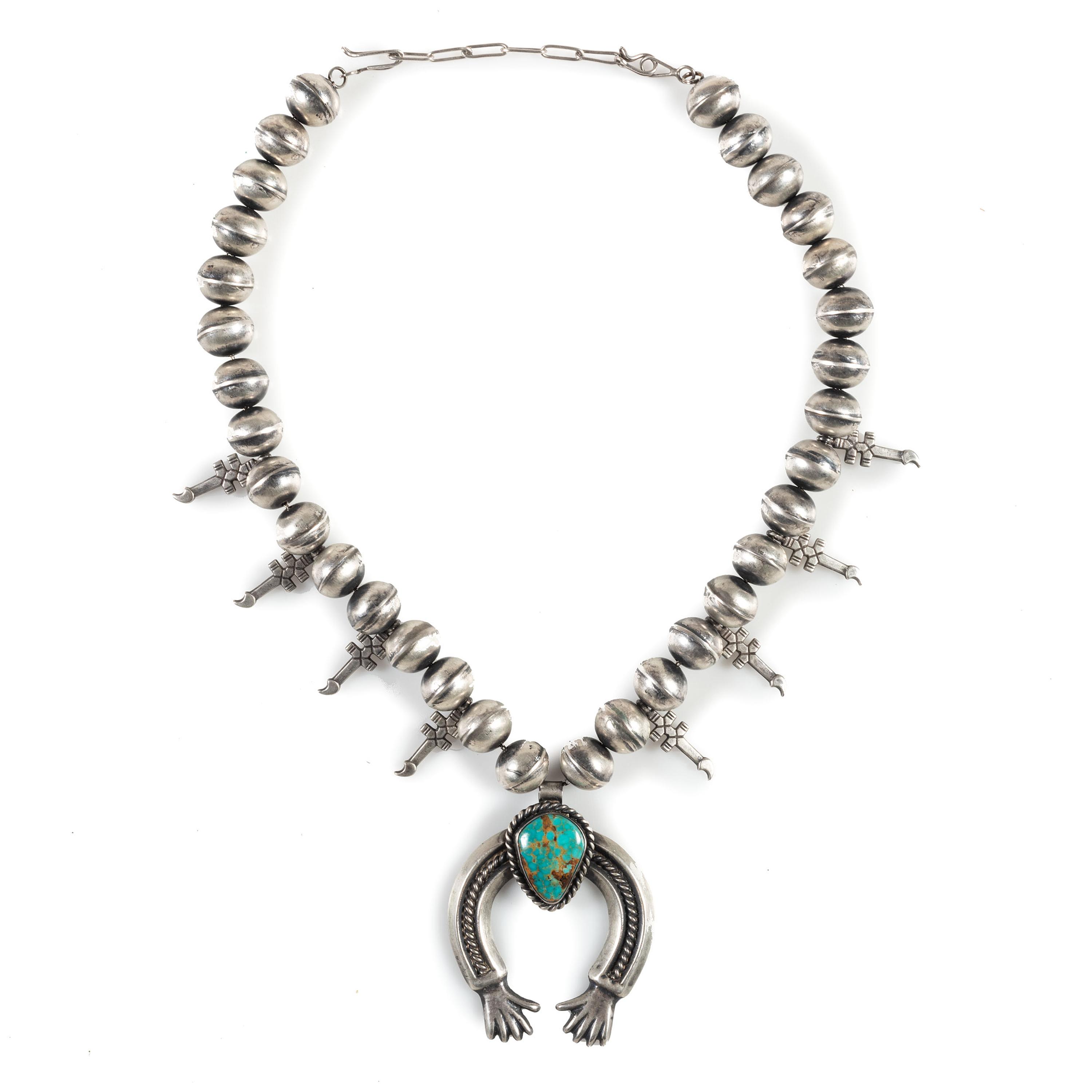Sterling Silver and Turquoise Squash Blossom Necklace, with Double-Crosses