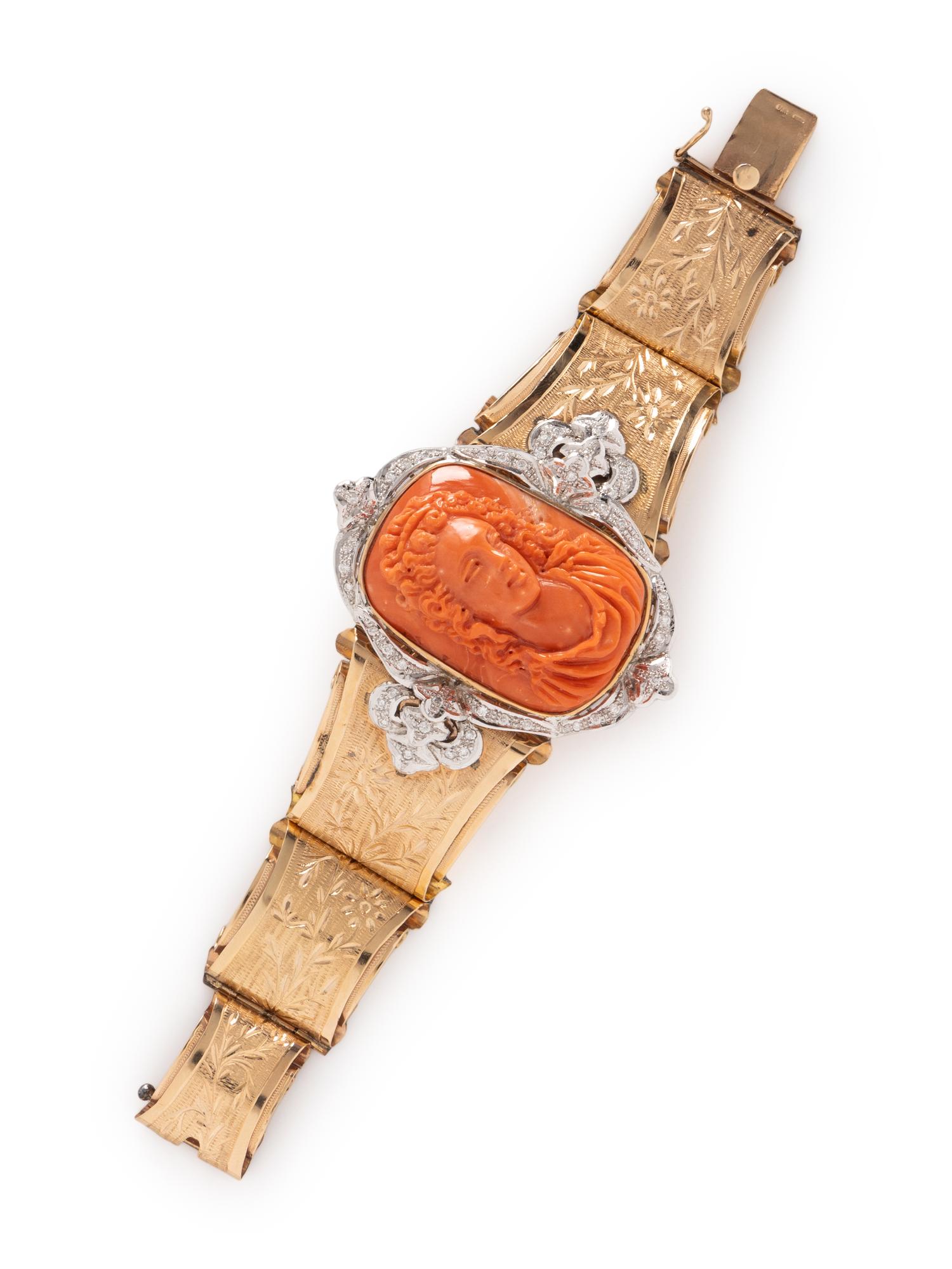 CORAL CAMEO AND DIAMOND BRACELET