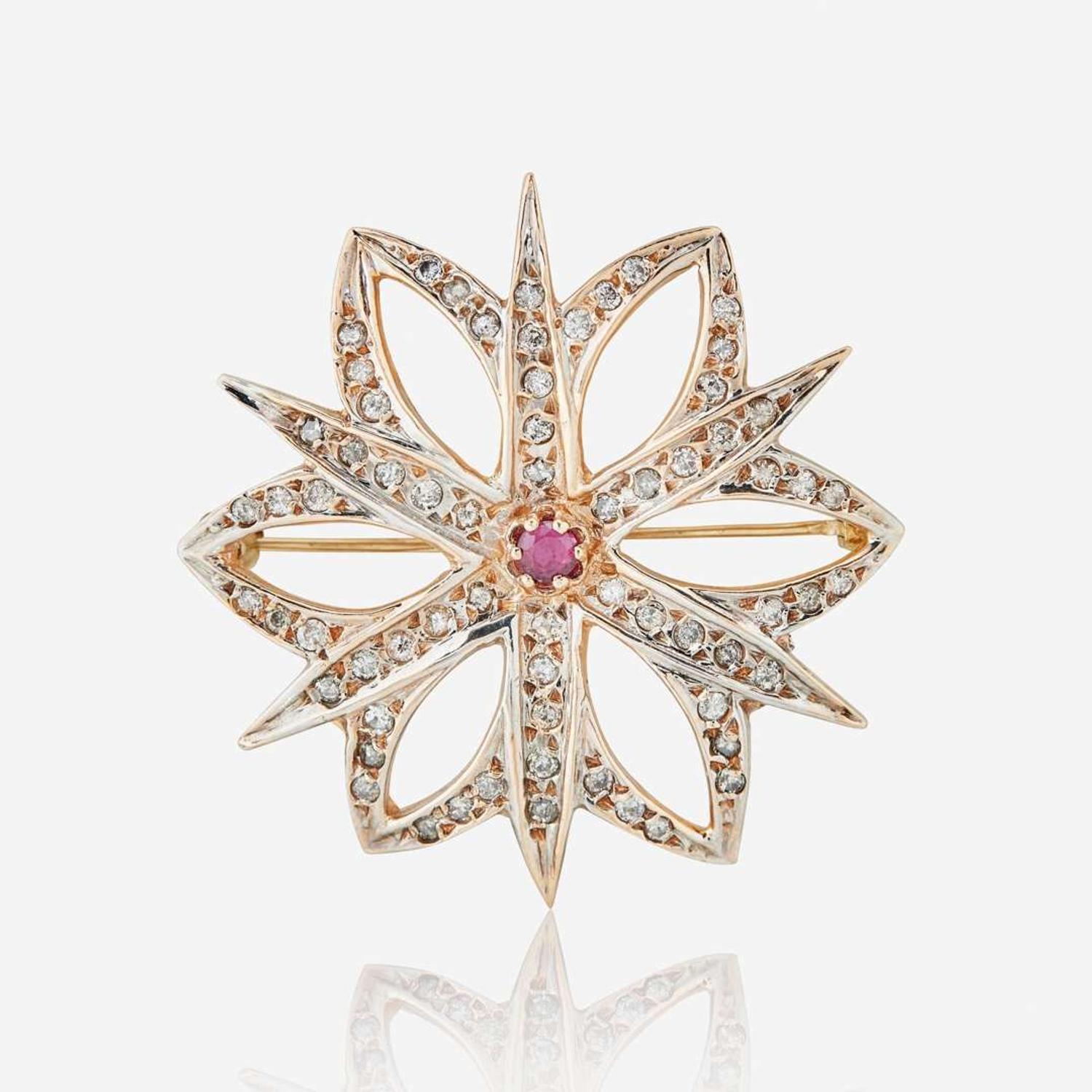 A 10K Rose Gold, Diamond, and Ruby Brooch