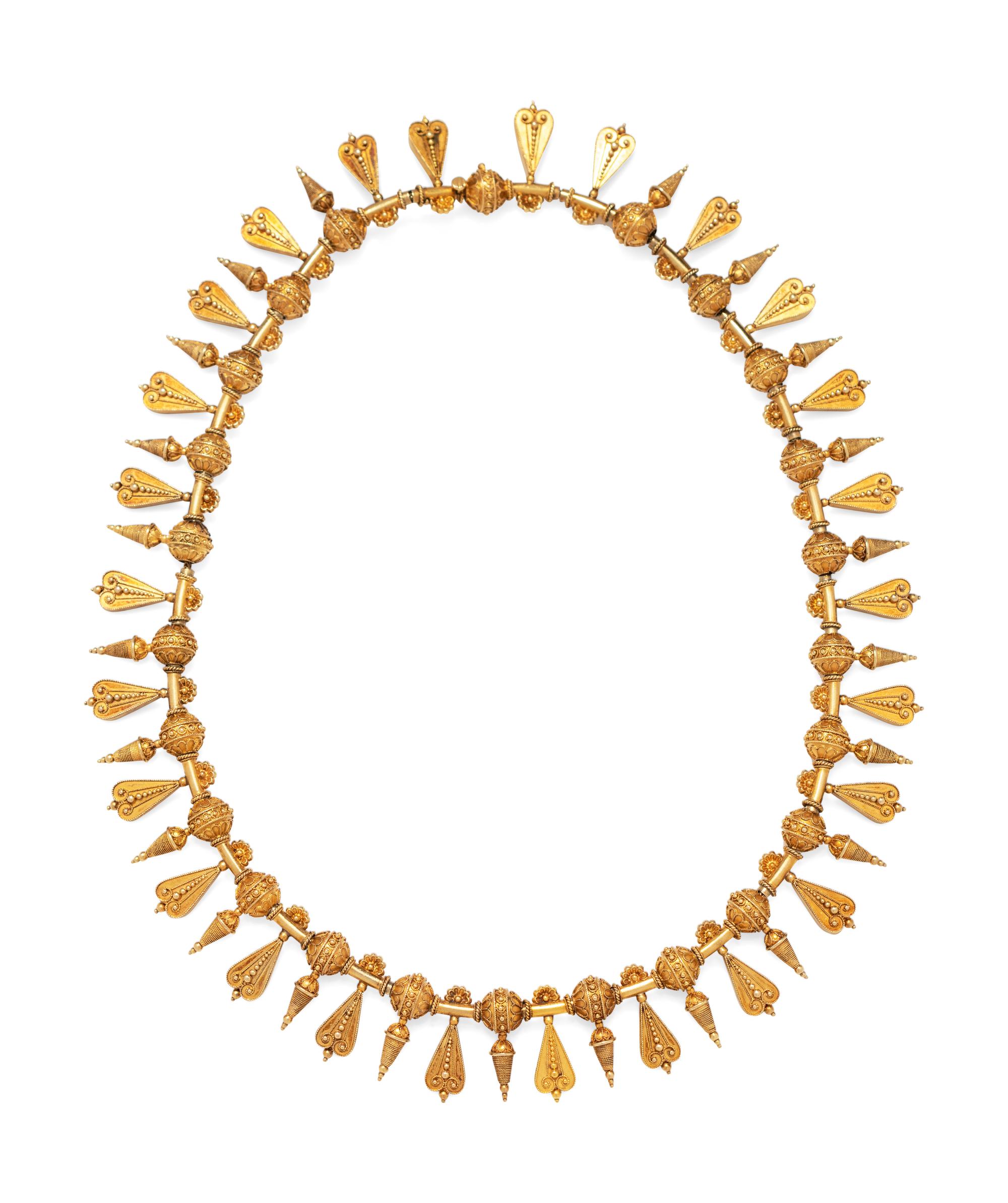 An Etruscan Revival Yellow Gold Fringe Necklace,