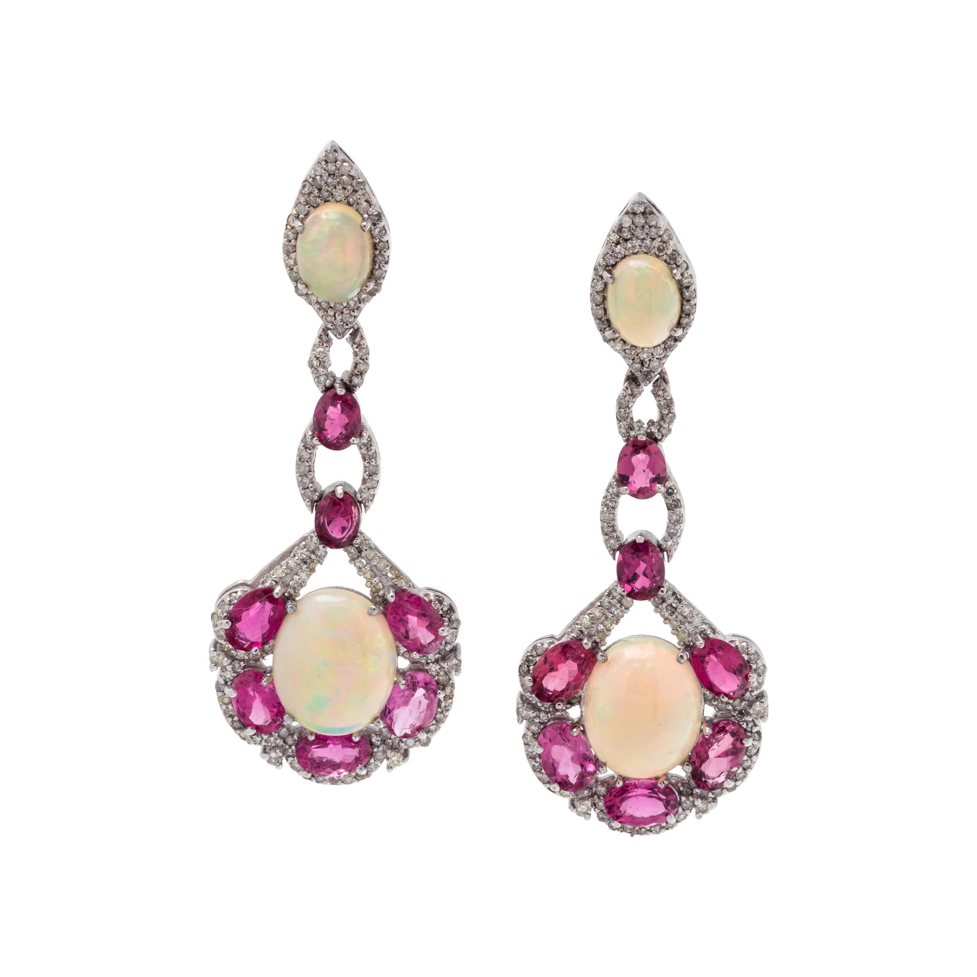 OPAL, RUBELLITE AND DIAMOND EARRINGS