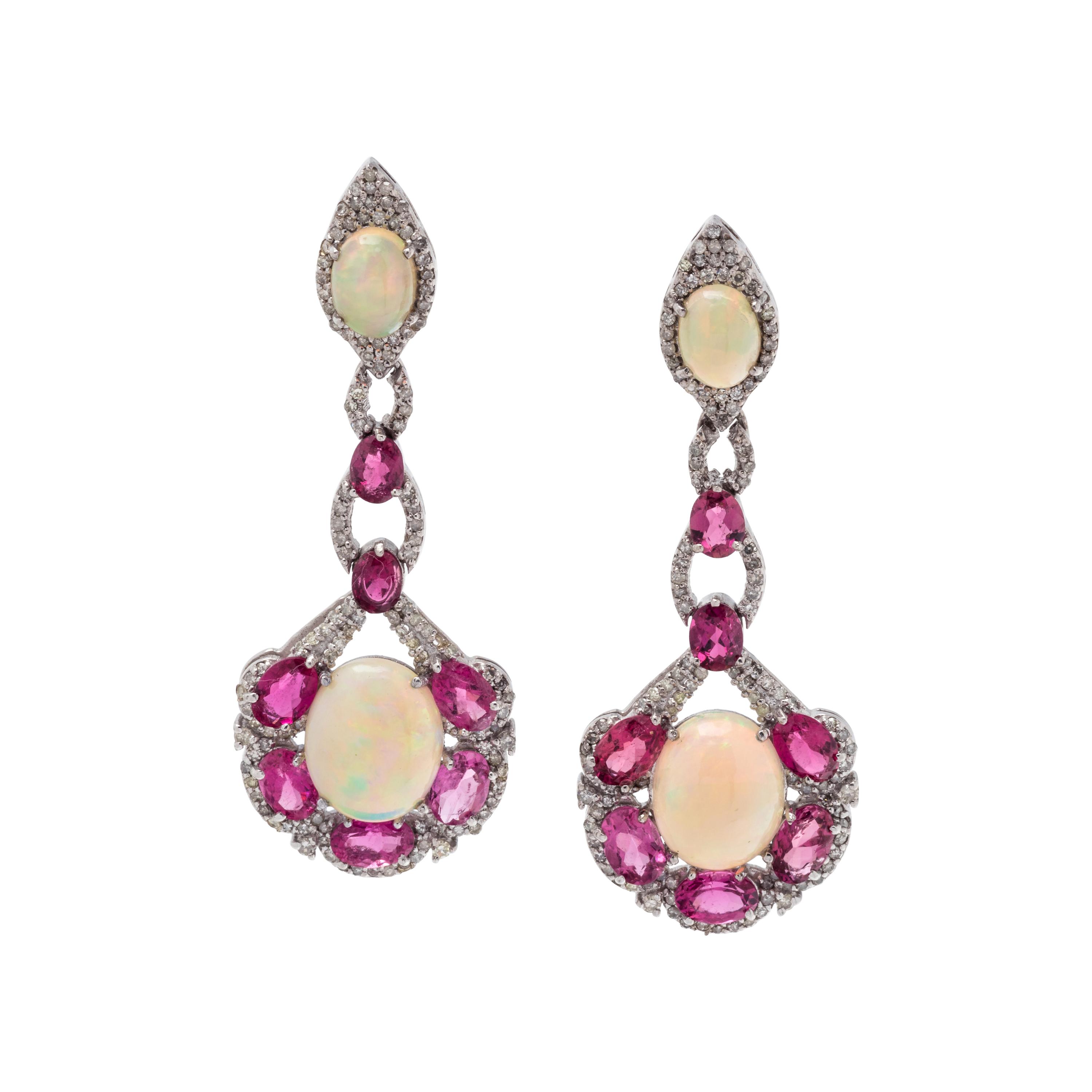 OPAL, RUBELLITE AND DIAMOND EARRINGS