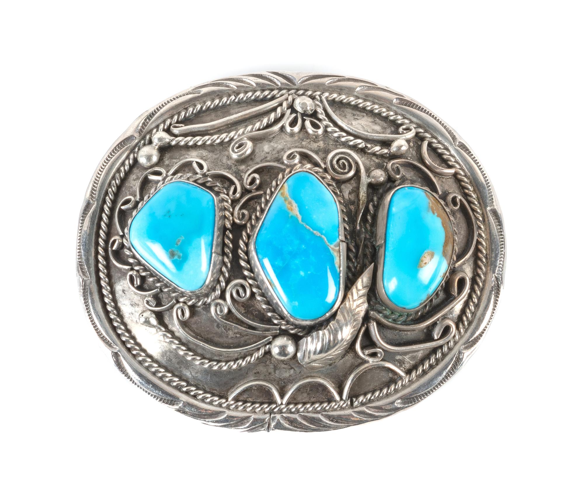 Silver and Turquoise Belt Buckle Height 2 1/2 x 3 inches