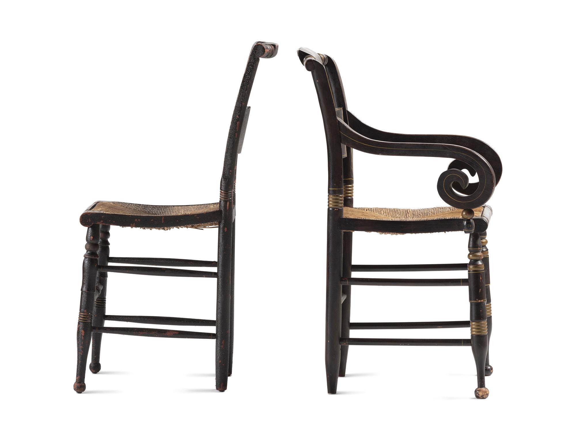 A Matched Set of Five Classical Black Painted and Stencil Decorated Rush-Seat Hitchcock Chairs