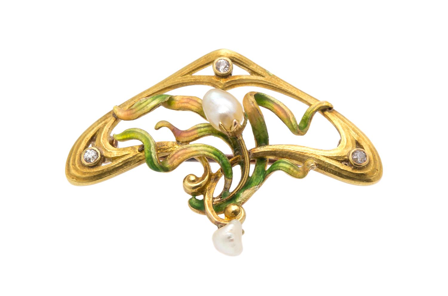 An Art Nouveau 14 Karat Yellow Gold, Polychrome Enamel, Diamond and Pearl Brooch, Carter, Howe & Co., 2.10 dwts.