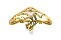 An Art Nouveau 14 Karat Yellow Gold, Polychrome Enamel, Diamond and Pearl Brooch, Carter, Howe & Co., 2.10 dwts.
