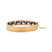 FRENCH, ANTIQUE, YELLOW GOLD, SYNTHETIC SAPPHIRE AND DIAMOND BANGLE BRACELET