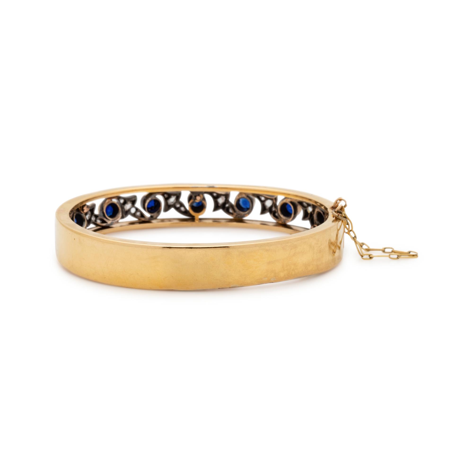 FRENCH, ANTIQUE, YELLOW GOLD, SYNTHETIC SAPPHIRE AND DIAMOND BANGLE BRACELET