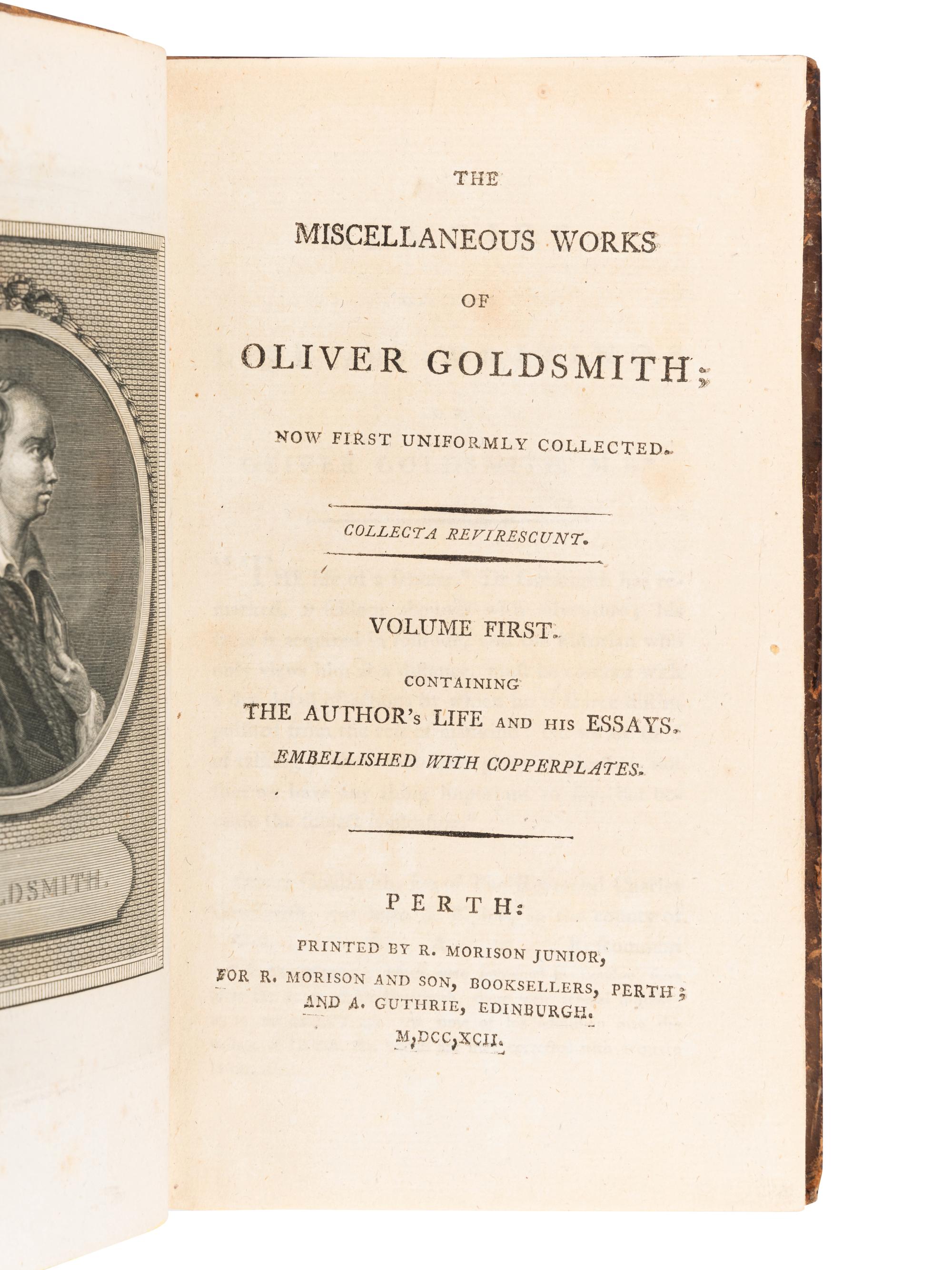 [BINDINGS & SETS]. GOLDSMITH, Oliver (1728-1774). The Miscellaneous Works of Oliver Goldsmith. Perth: R. Morison Junior, 1792.