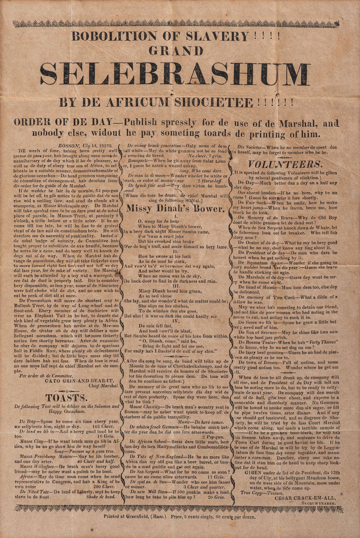 [SLAVERY & ABOLITION]. Anti-Black satirical broadside. Greenfield, MA: N.p., [1818].