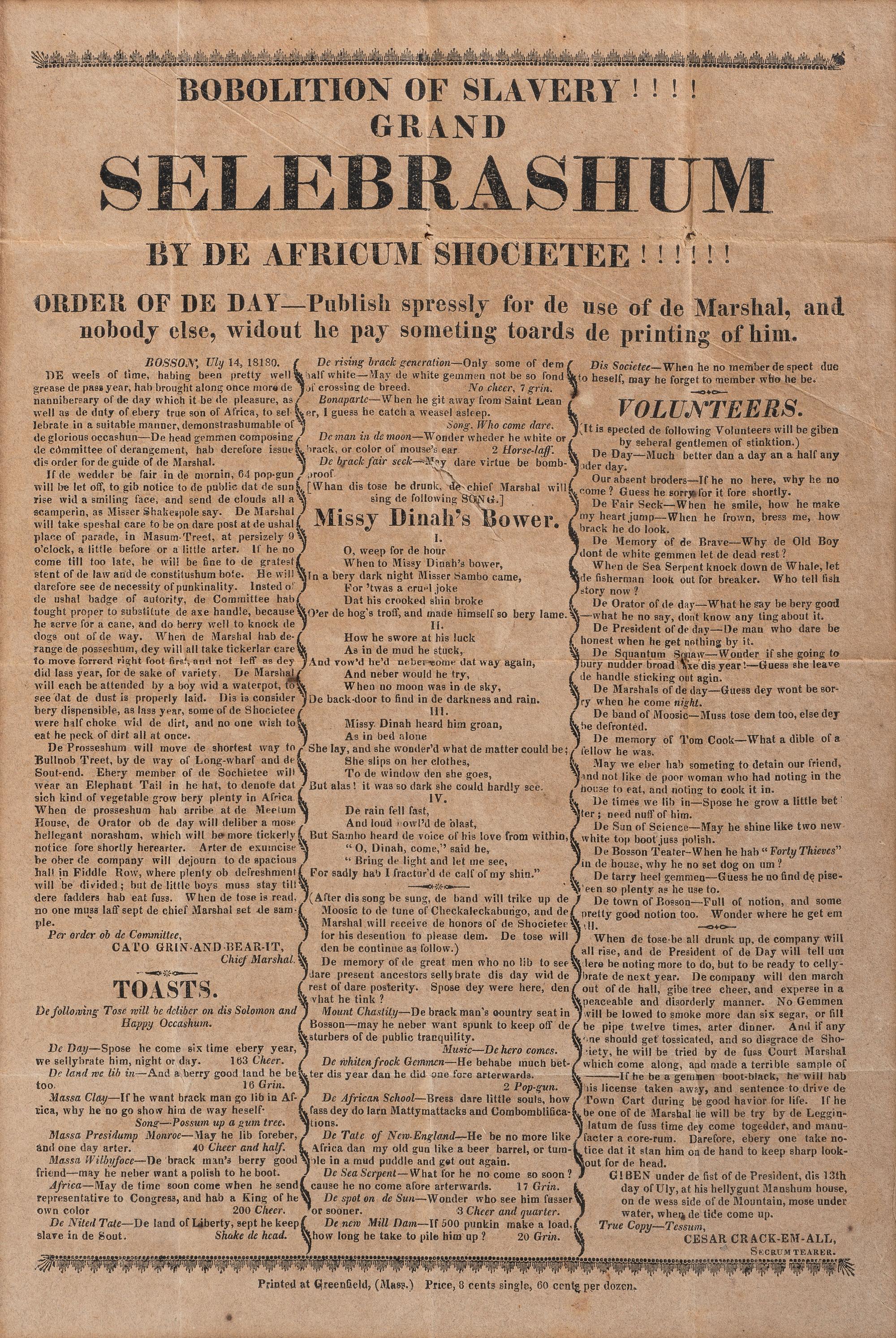 [SLAVERY & ABOLITION]. Anti-Black satirical broadside. Greenfield, MA: N.p., [1818].