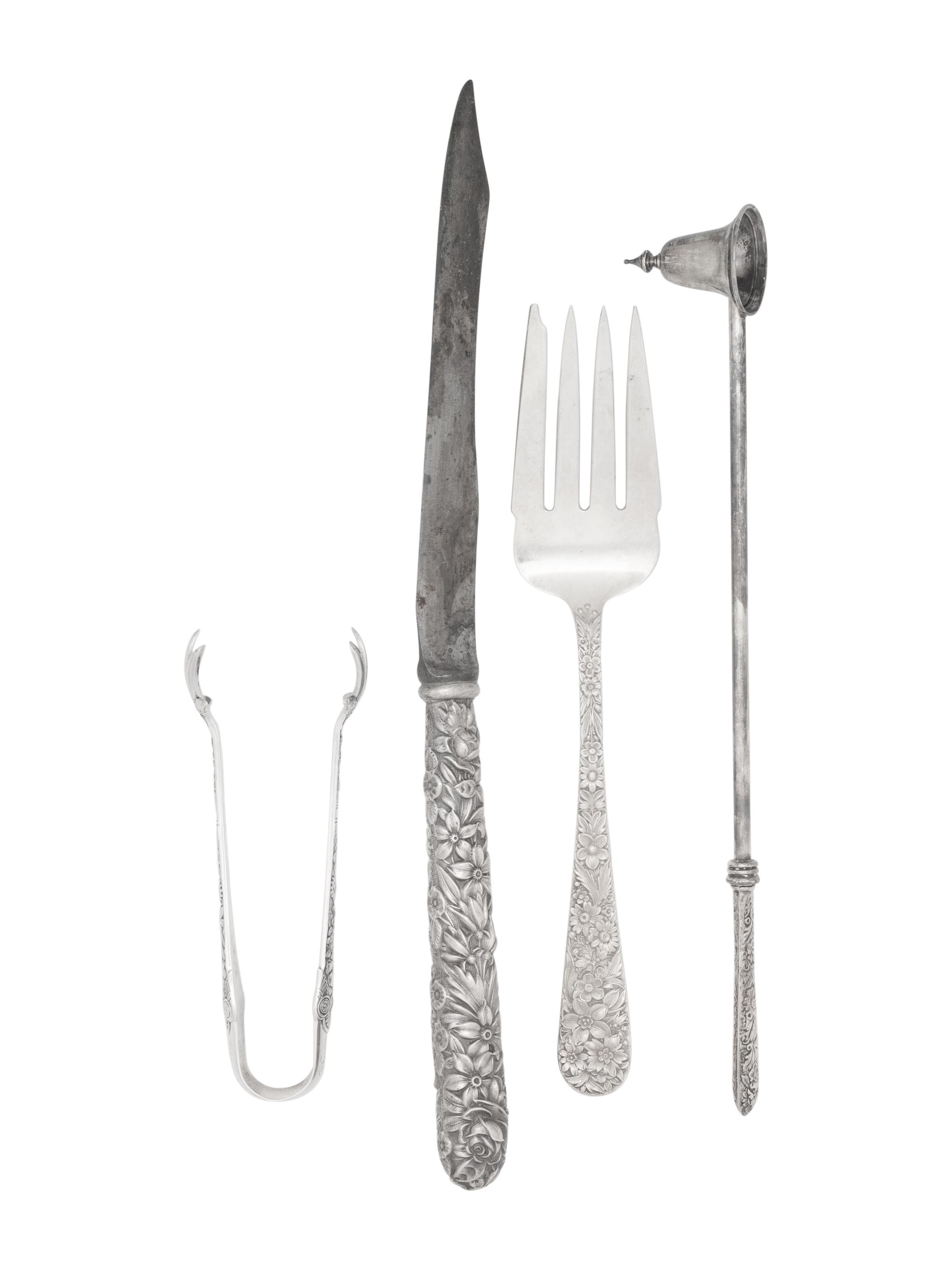 A Gorham Cluny Silver Flatware Service with S. Kirk and Son Repousse Silver Flatware and Serving Articles