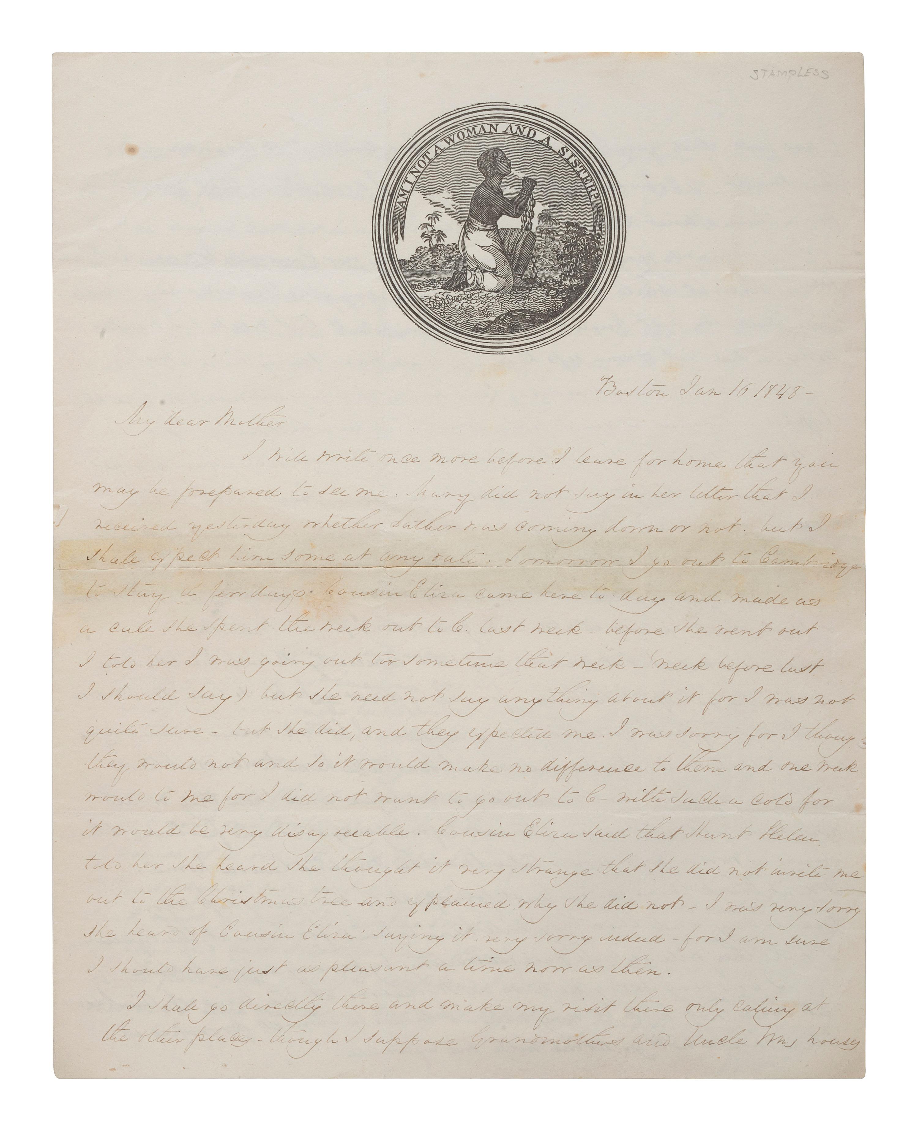 [SLAVERY & ABOLITION]. Abolitionist lettersheet with "Am I Not a Woman and a Sister? " engraved letterhead. Boston, 16 January 1848.