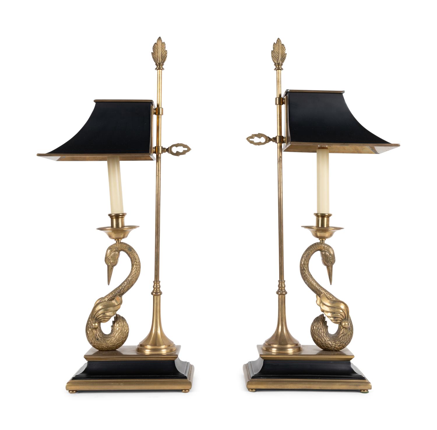 A Pair of Chapman Empire Style Brass Swan-Form Lamps With Tole Shades