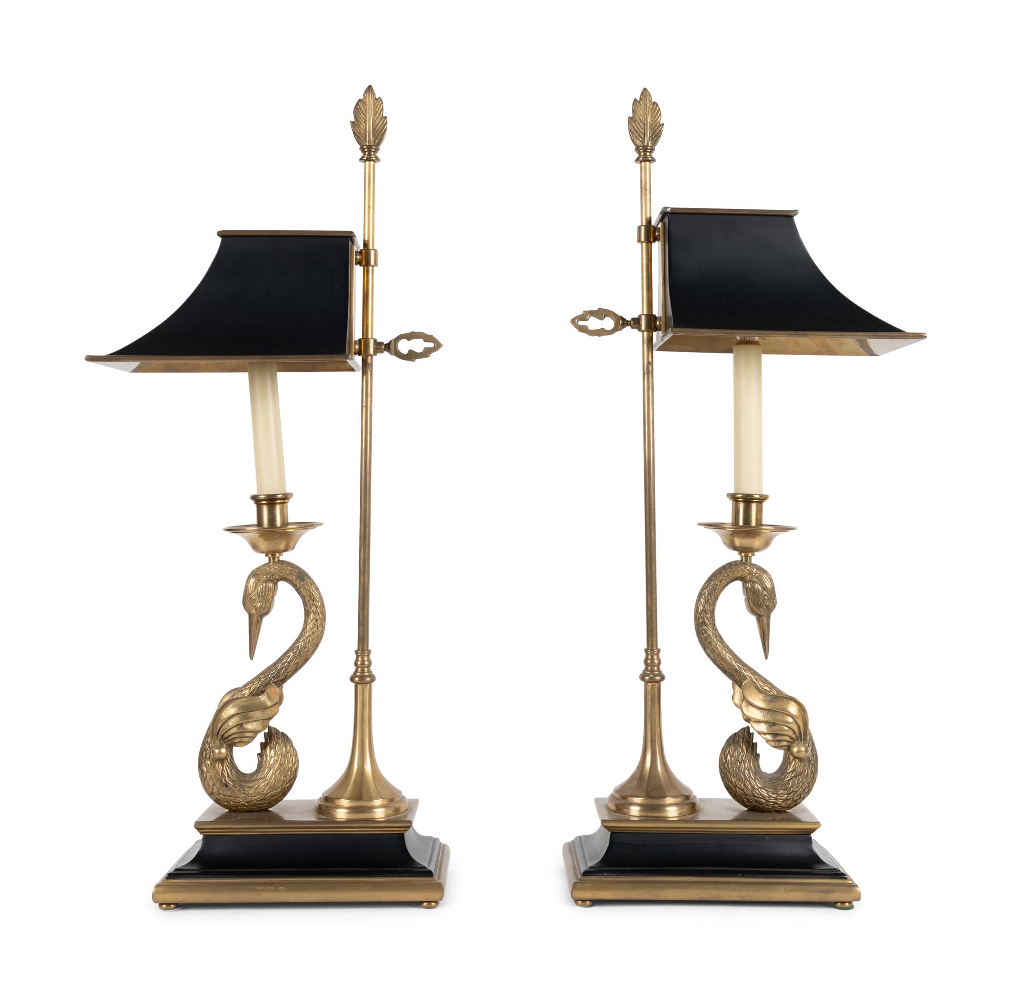 A Pair of Chapman Empire Style Brass Swan-Form Lamps With Tole Shades