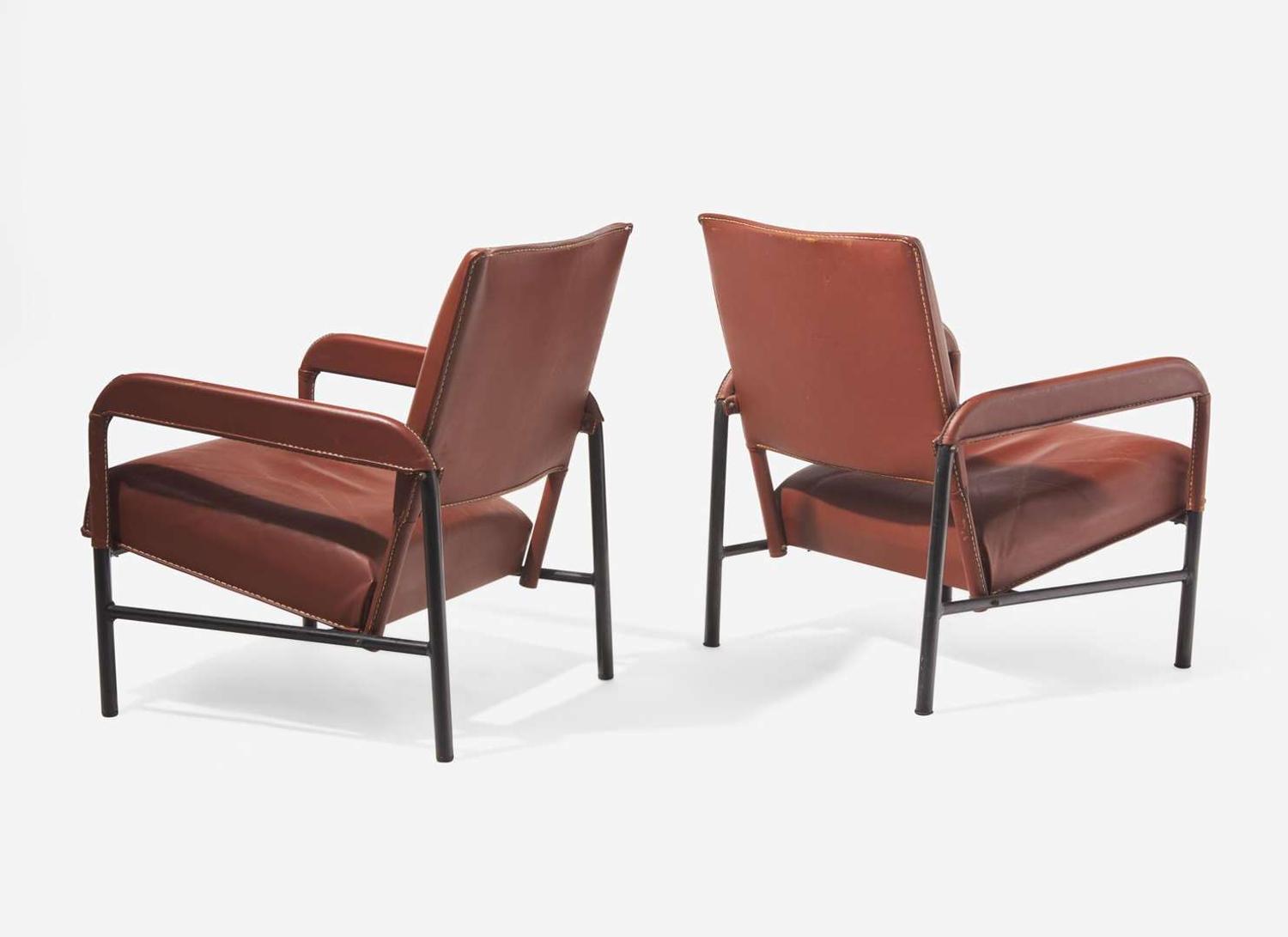 Jacques Adnet, Pair of Leather and Iron Armchairs