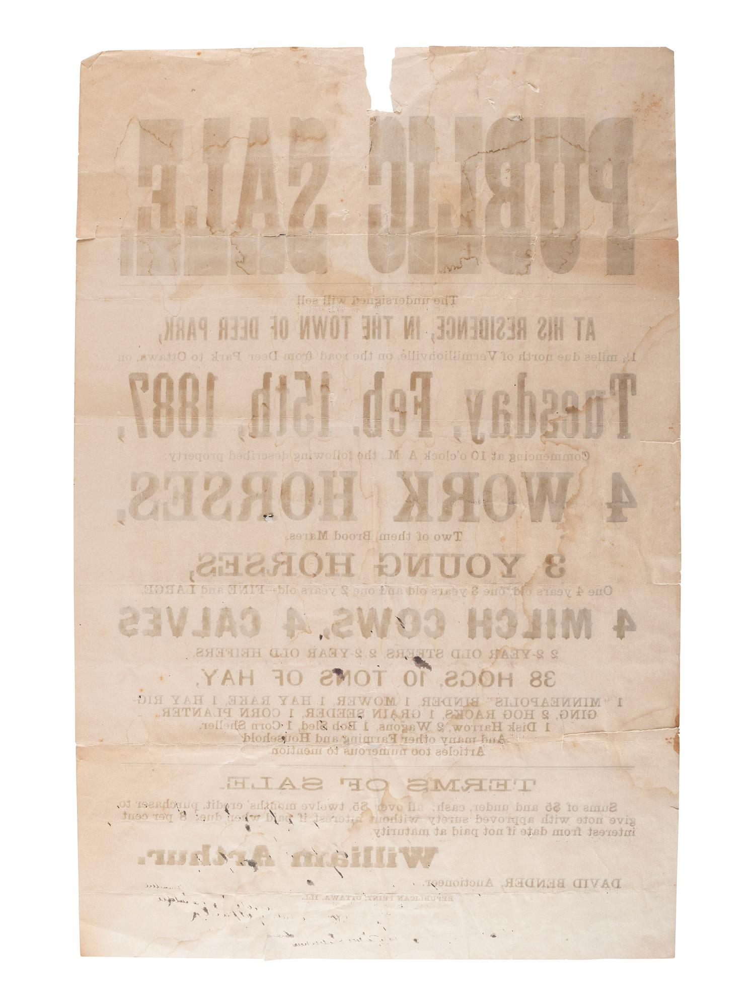 [ILLINOIS]. A group of 3 large nineteenth-century land and estate sale broadsides, comprising: