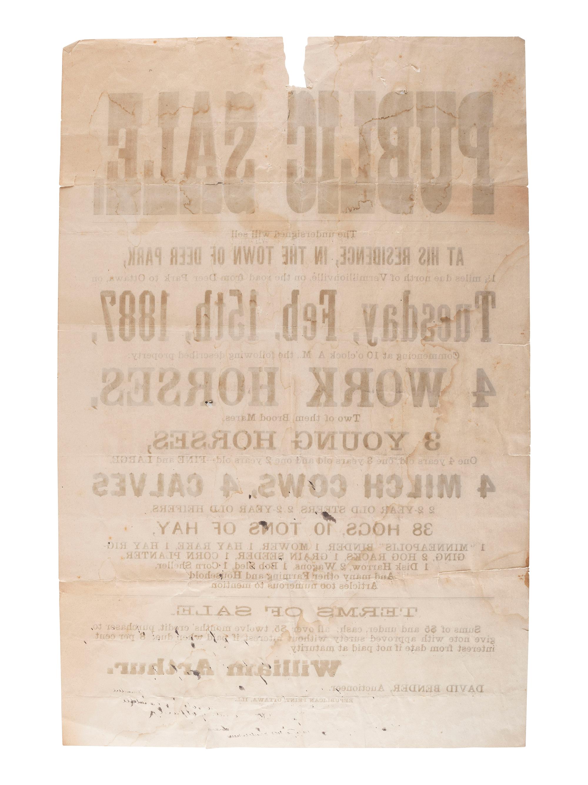 [ILLINOIS]. A group of 3 large nineteenth-century land and estate sale broadsides, comprising: