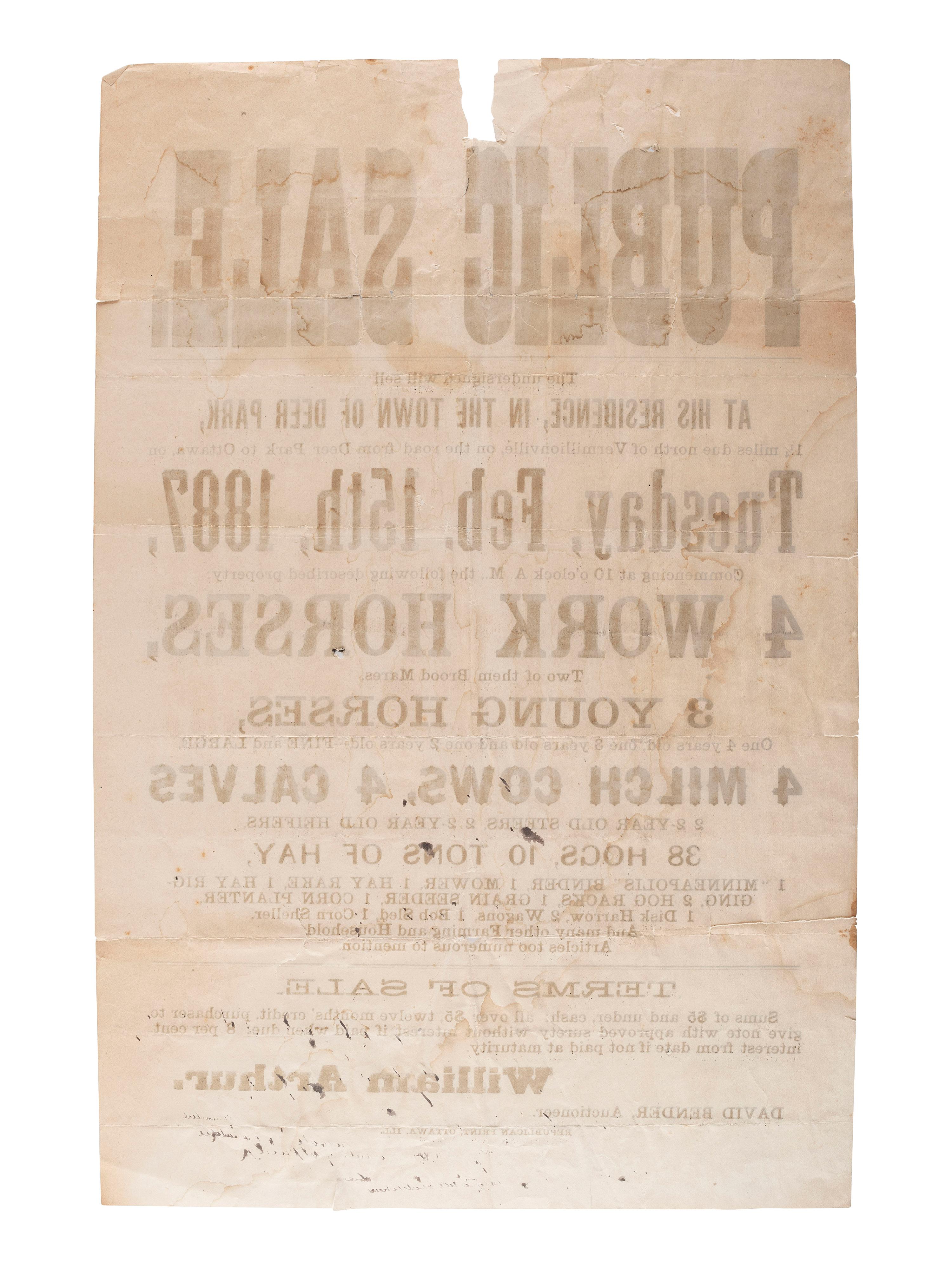[ILLINOIS]. A group of 3 large nineteenth-century land and estate sale broadsides, comprising: