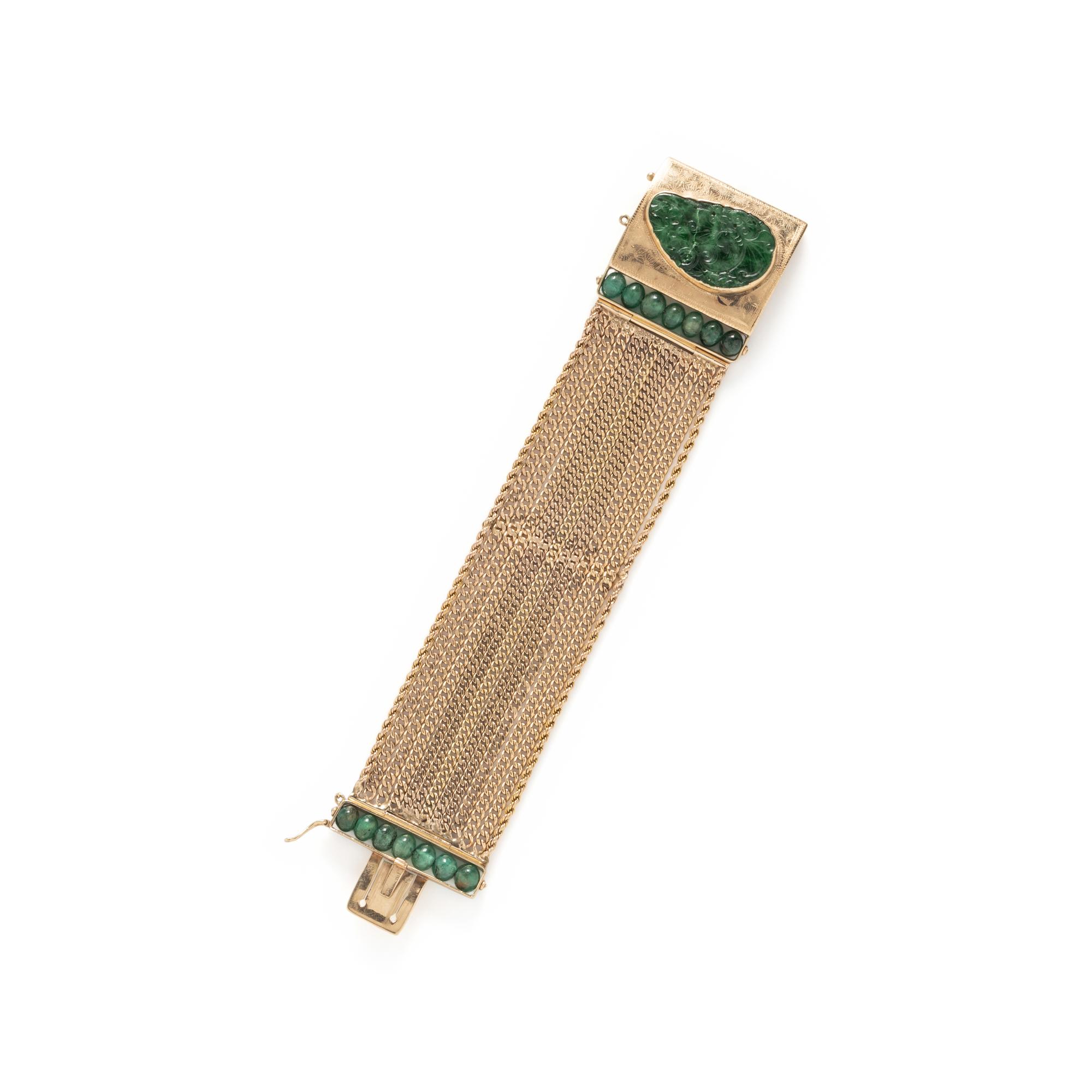 YELLOW GOLD, JADE, AND EMERALD BRACELET