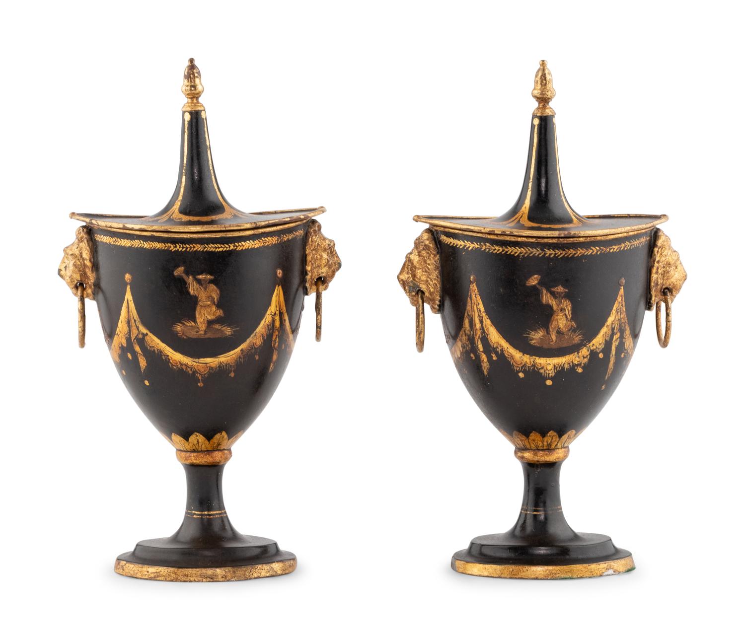 A Pair of Regency Tole Piente Urns