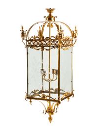A Pair of Louis XVI Style Gilt Bronze and Etched Glass Hall Lanterns