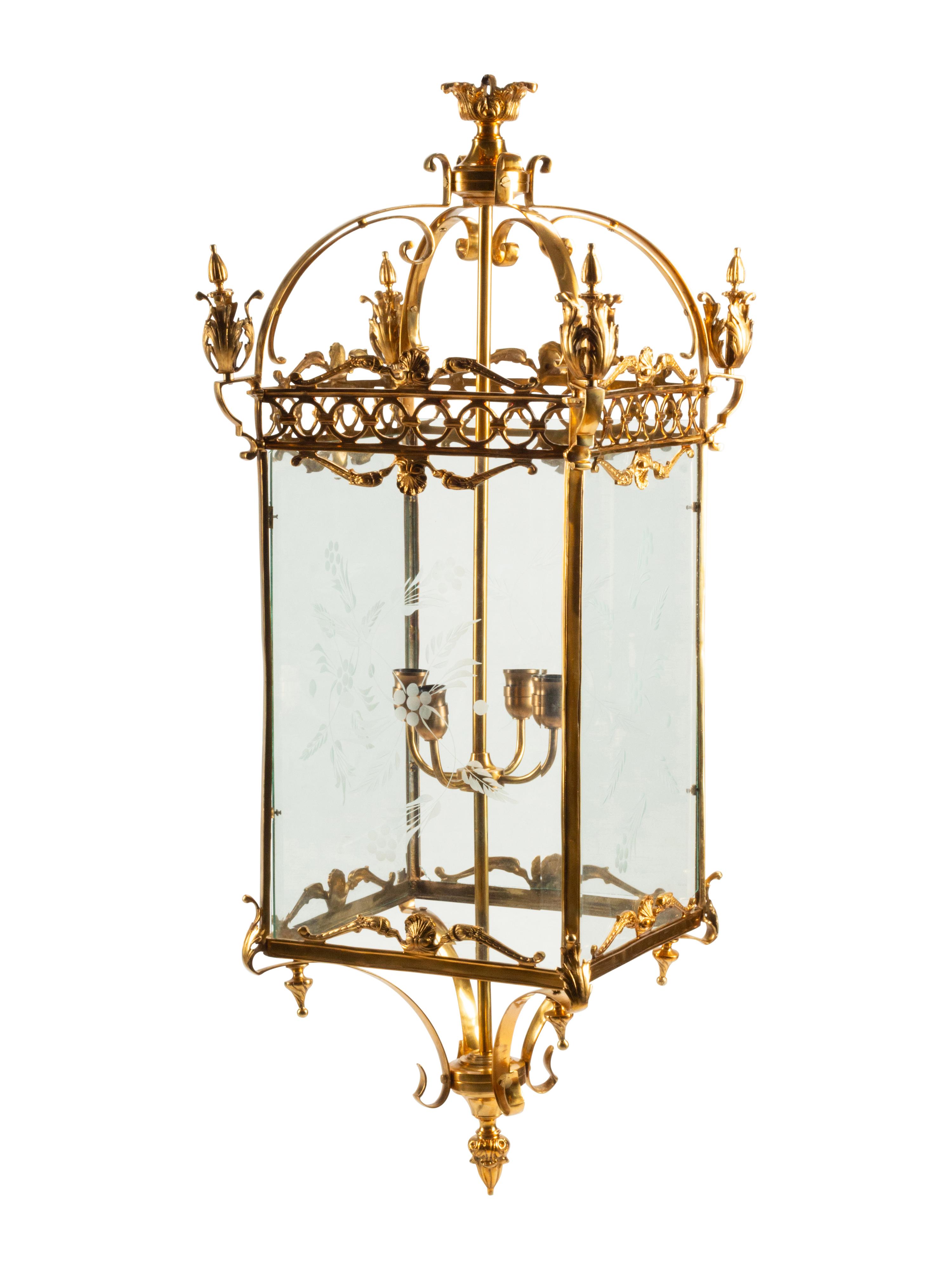 A Pair of Louis XVI Style Gilt Bronze and Etched Glass Hall Lanterns