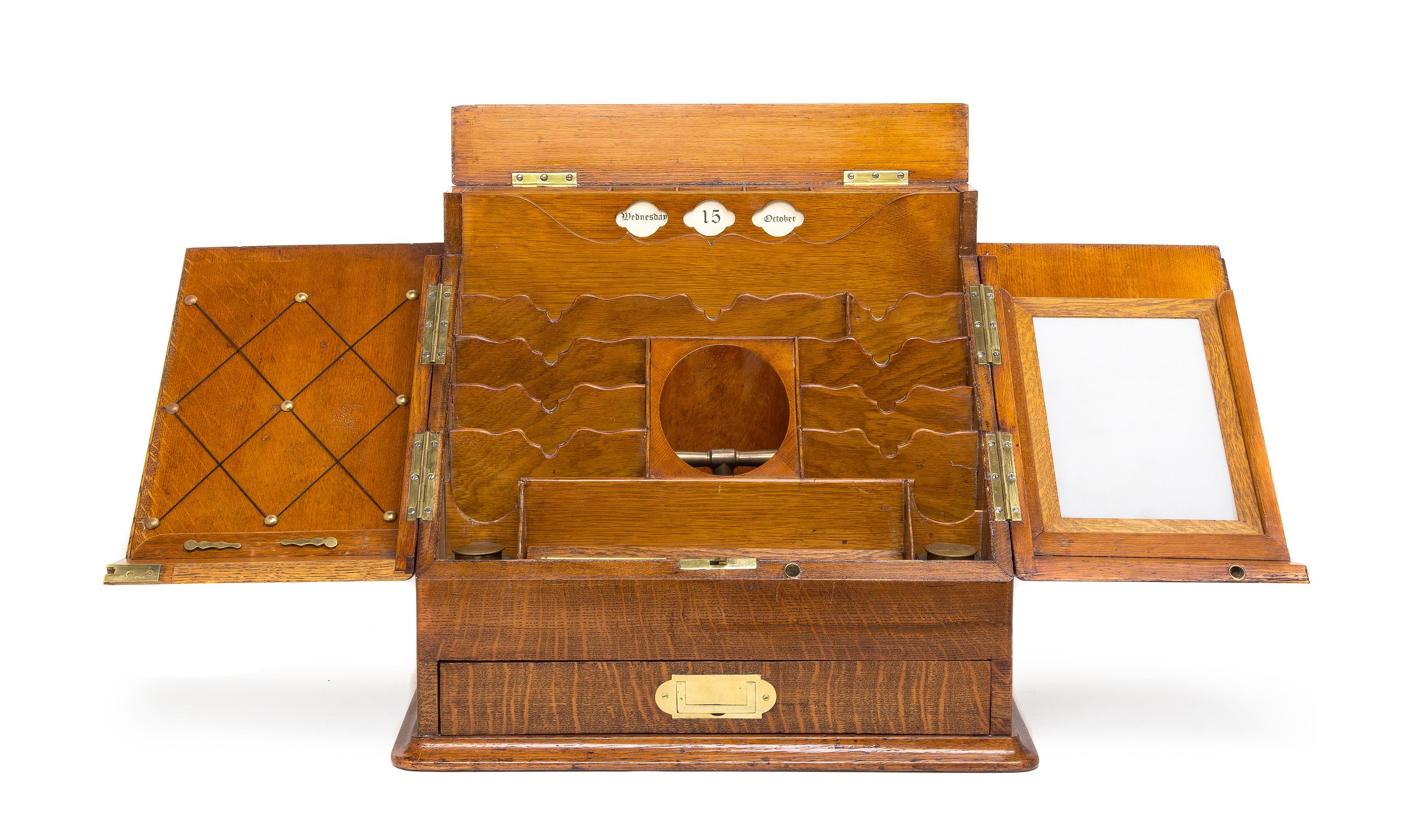 An English Oak Stationery Box and Copy Press, S. MORDAN & CO., LONDON, Height 16 x width 16 x depth 13 1/2 inches. — S. MORDAN & CO., LONDON,
