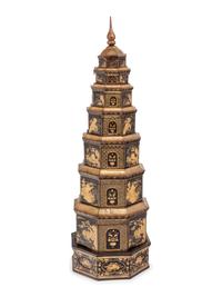 A Chinese Export Black and Gilt Lacquer Pagoda-Form Stacking Container