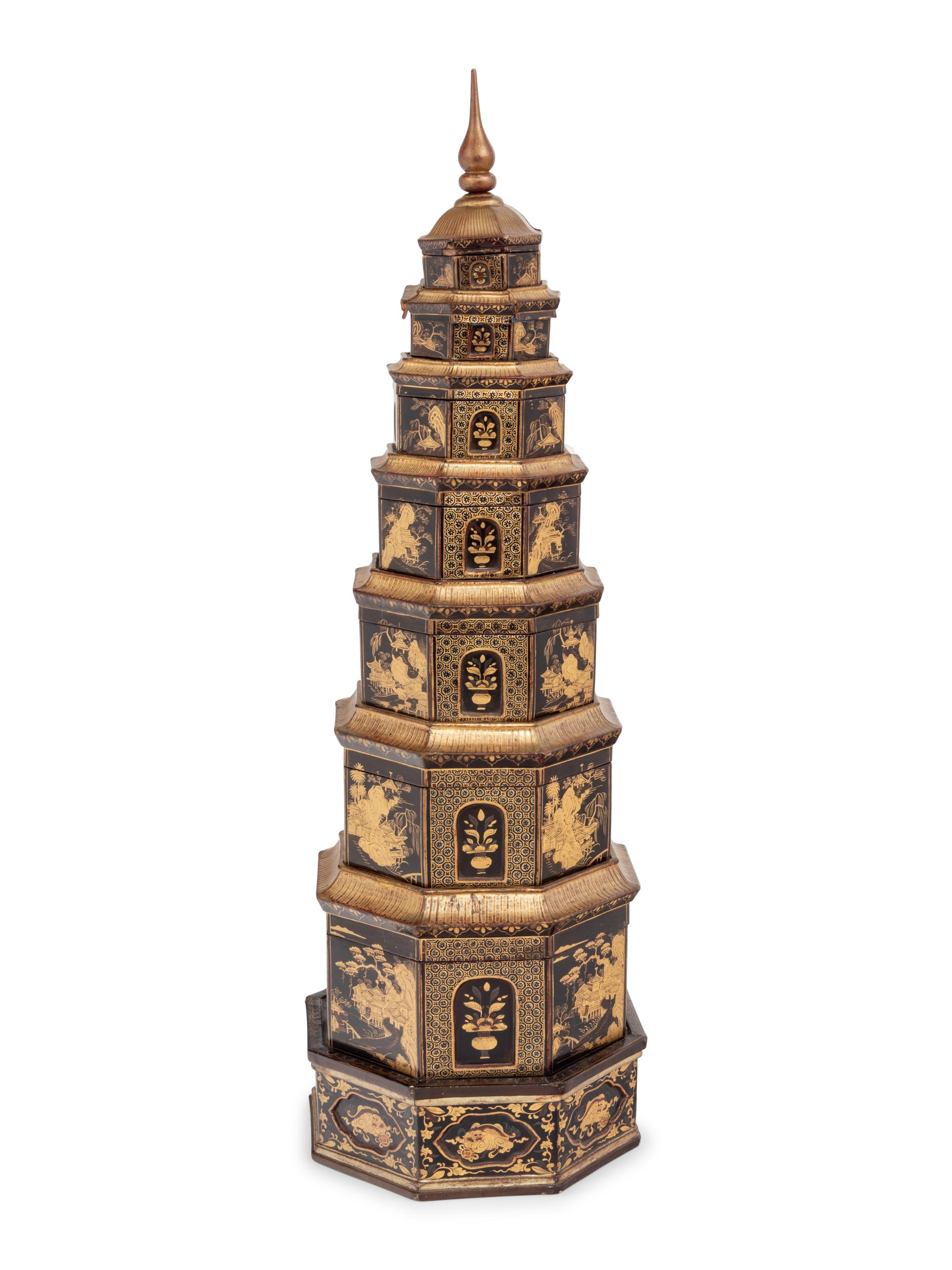 A Chinese Export Black and Gilt Lacquer Pagoda-Form Stacking Container