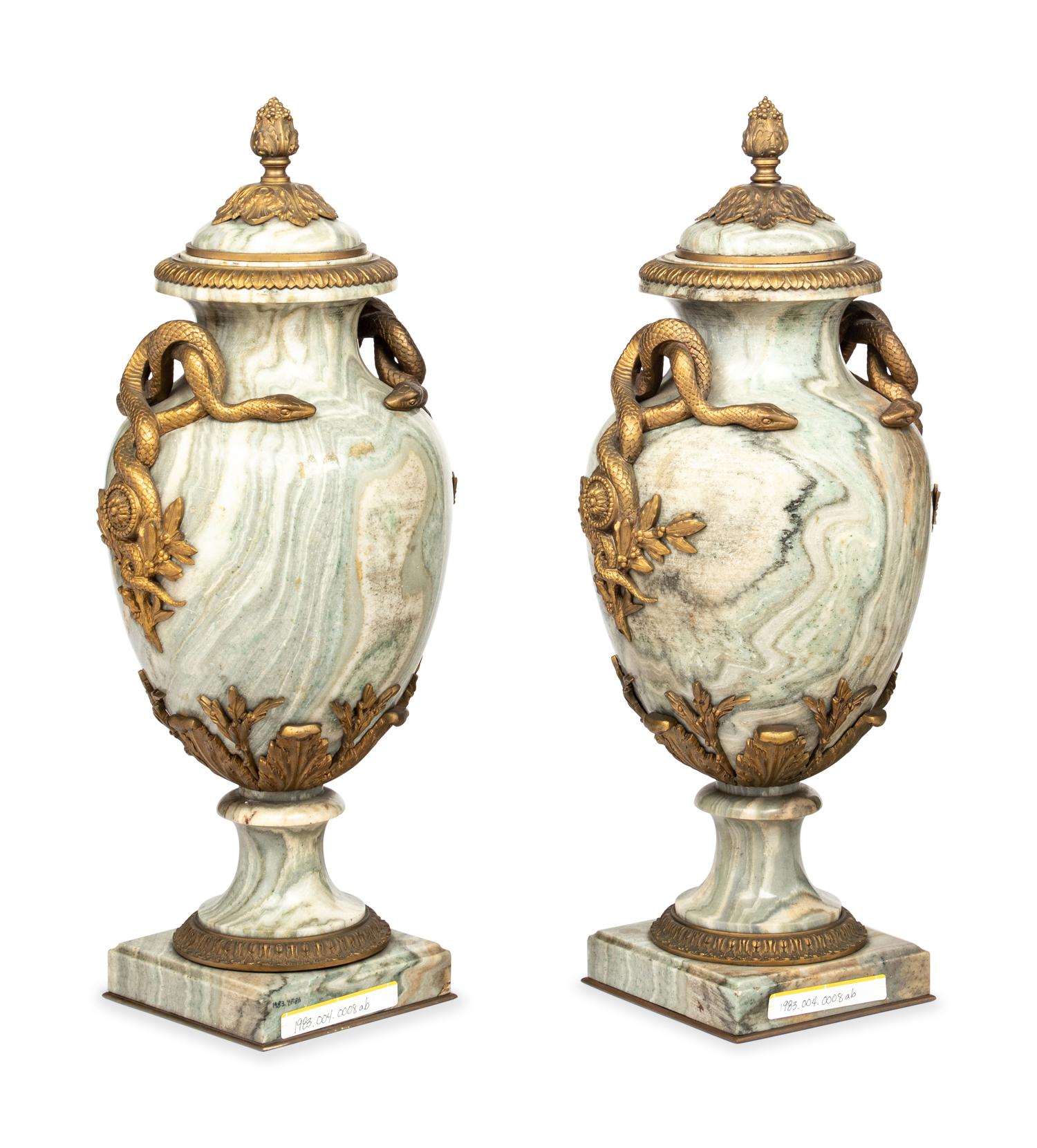 A Pair of French Gilt Bronze-Mounted Marble Urns