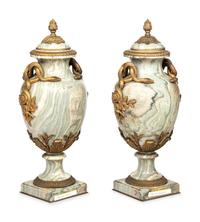 A Pair of French Gilt Bronze-Mounted Marble Urns