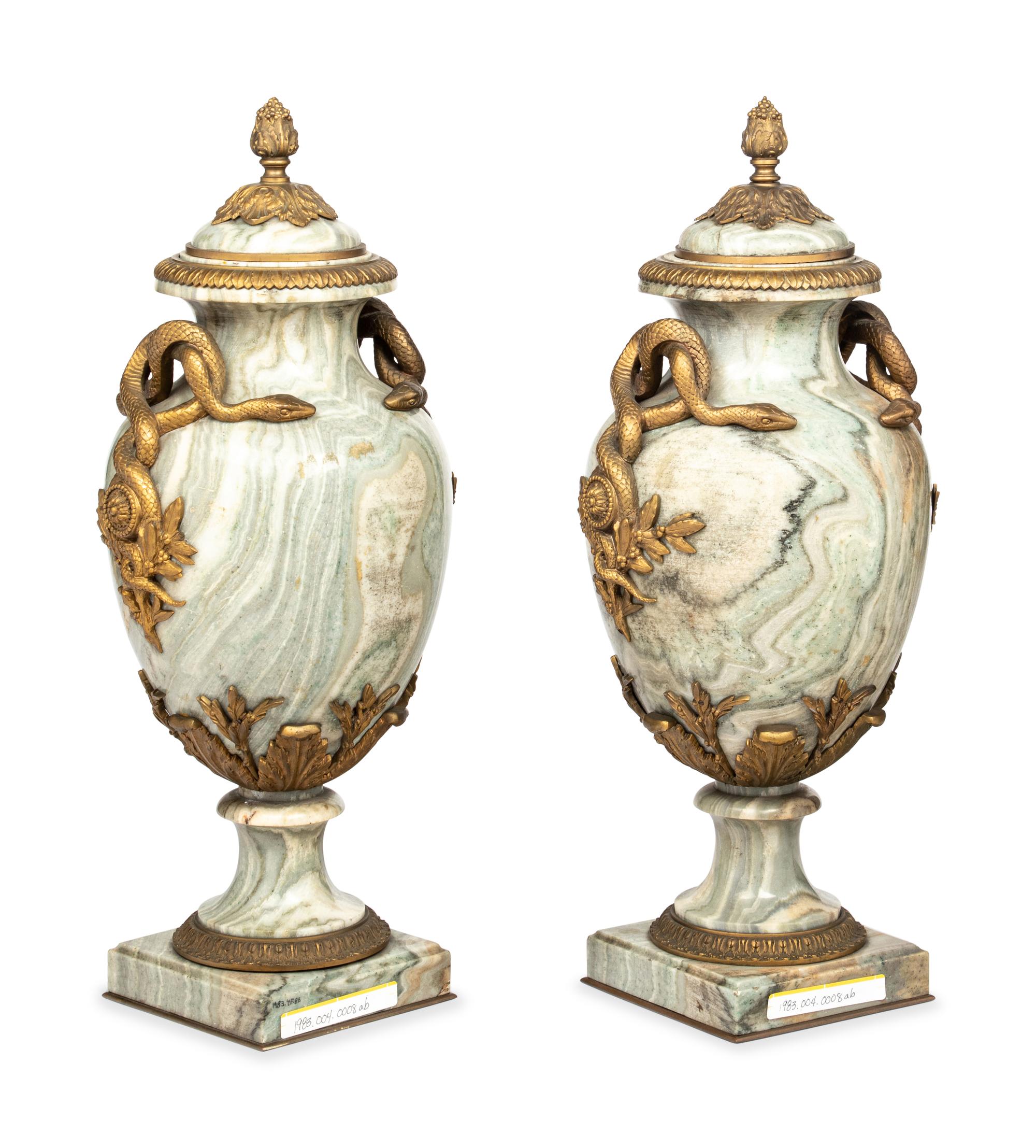 A Pair of French Gilt Bronze-Mounted Marble Urns