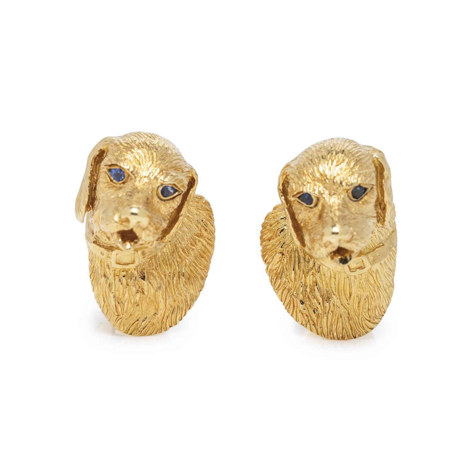 TIFFANY & CO., YELLOW GOLD AND SAPPHIRE DOG CUFFLINKS