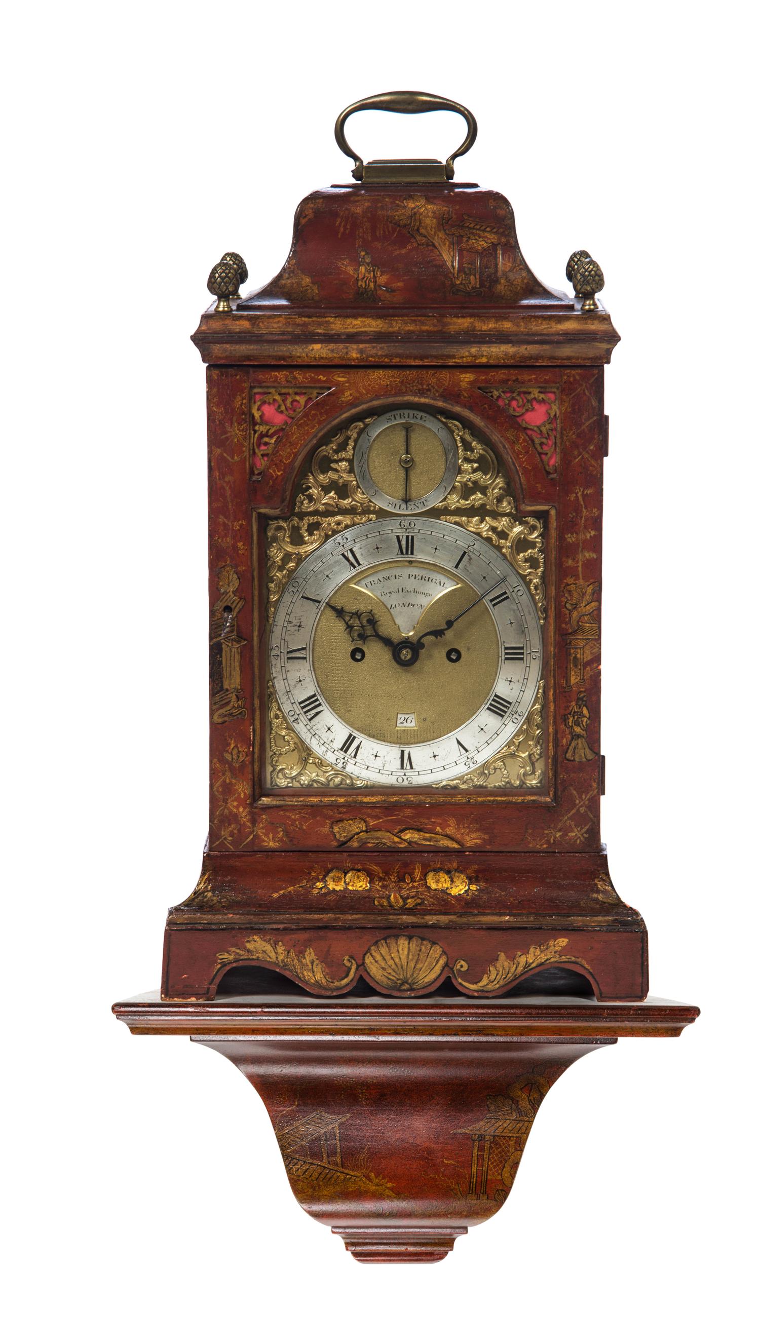 A George III Chinoiserie Red Lacquered Bracket Clock, FRANCIS PERIGAL, LONDON, Height overall 27 1/2 inches. — FRANCIS PERIGAL, LONDON,