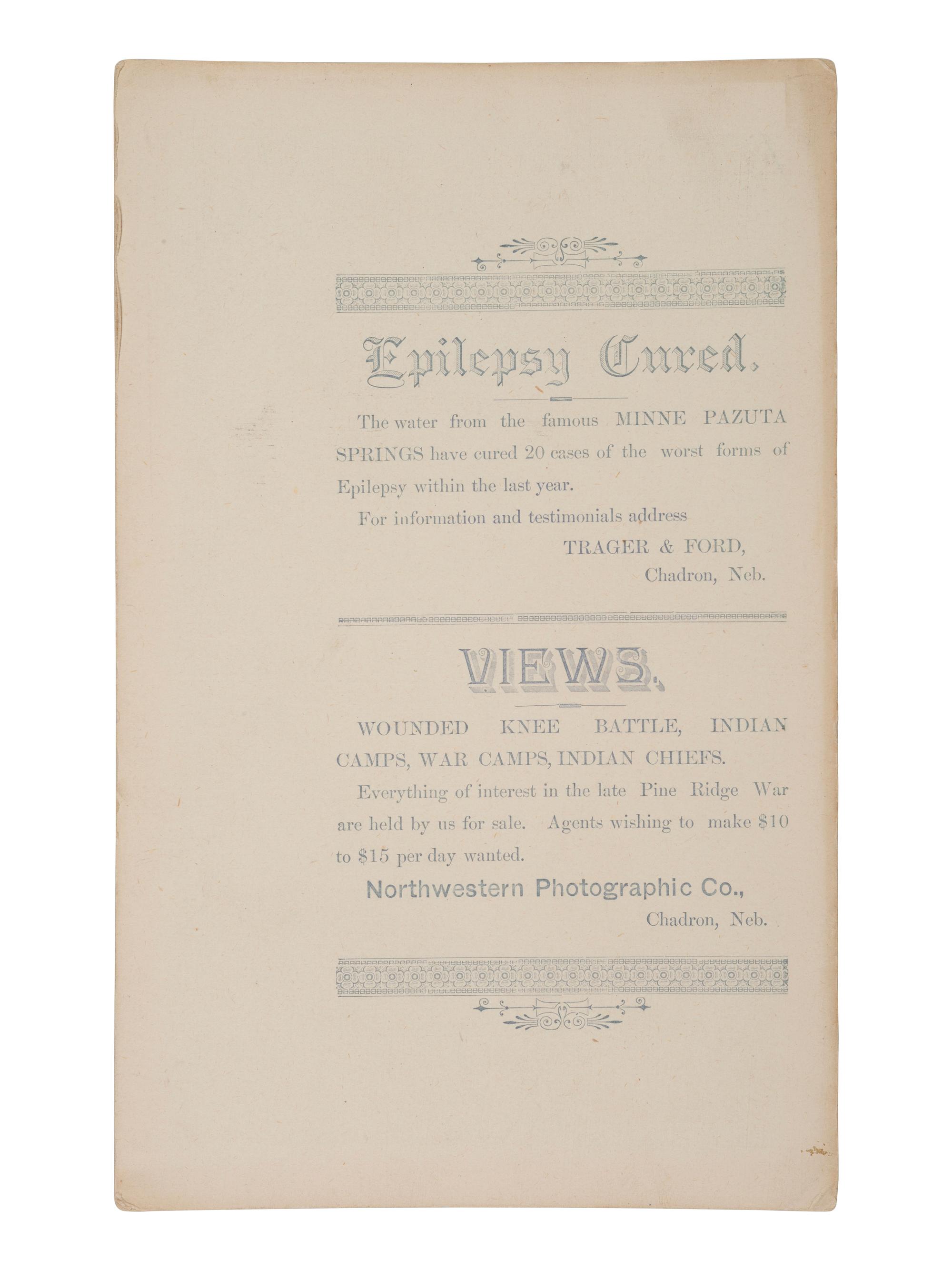 [WOUNDED KNEE]. A group of 5 boudoir photographs of 7th US Cavalry at Pine Ridge Agency, incl. officers and camp scenes. Chadron, NE: Northwestern Photographic Co., ca 1890-1891.