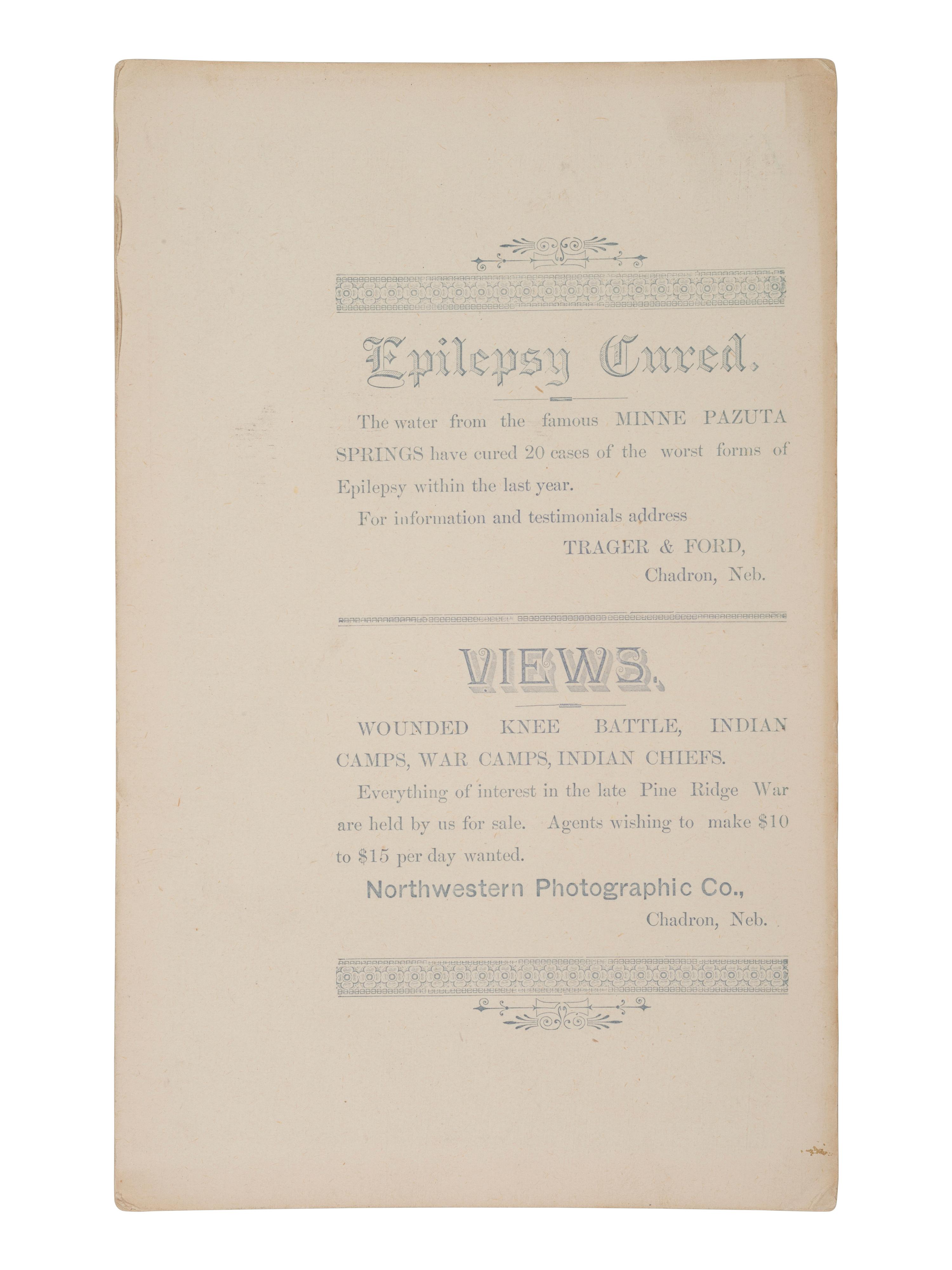 [WOUNDED KNEE]. A group of 5 boudoir photographs of 7th US Cavalry at Pine Ridge Agency, incl. officers and camp scenes. Chadron, NE: Northwestern Photographic Co., ca 1890-1891.