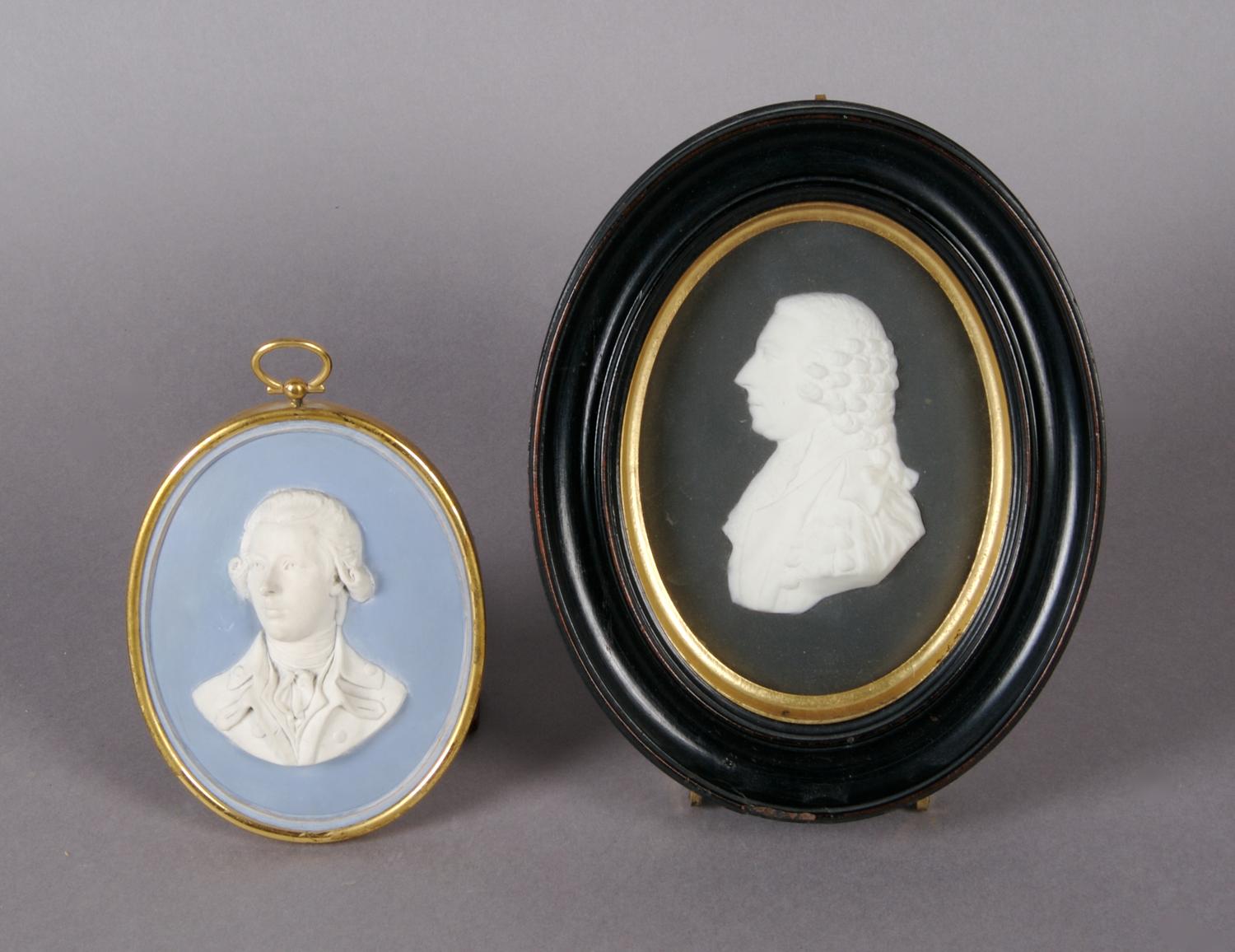 A Group of Two Wedgwood Oval Portrait Plaques, Height of tallest 5 inches.