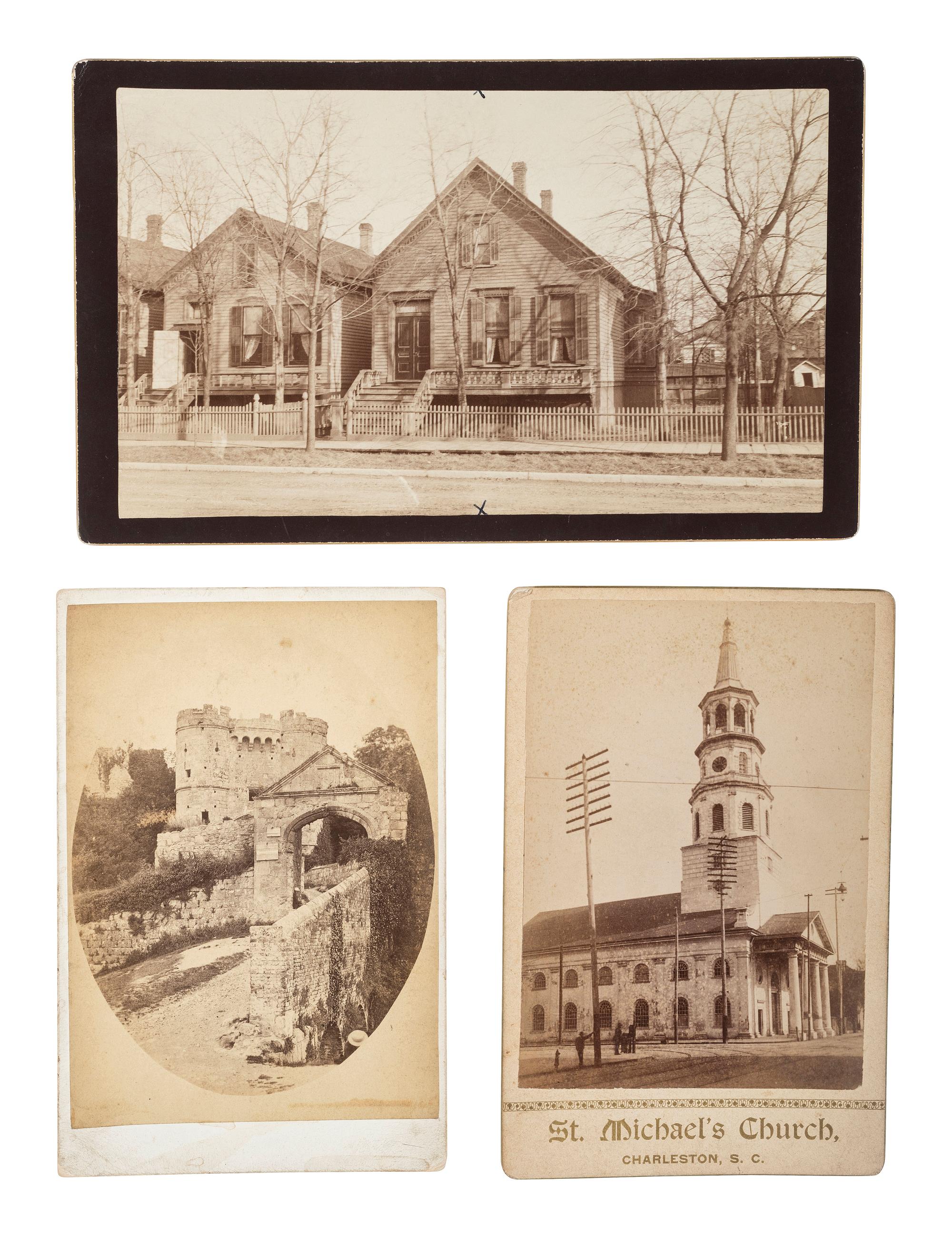 [EARLY PHOTOGRAPHY]. A collection of photographs featuring various building exteriors and interiors.