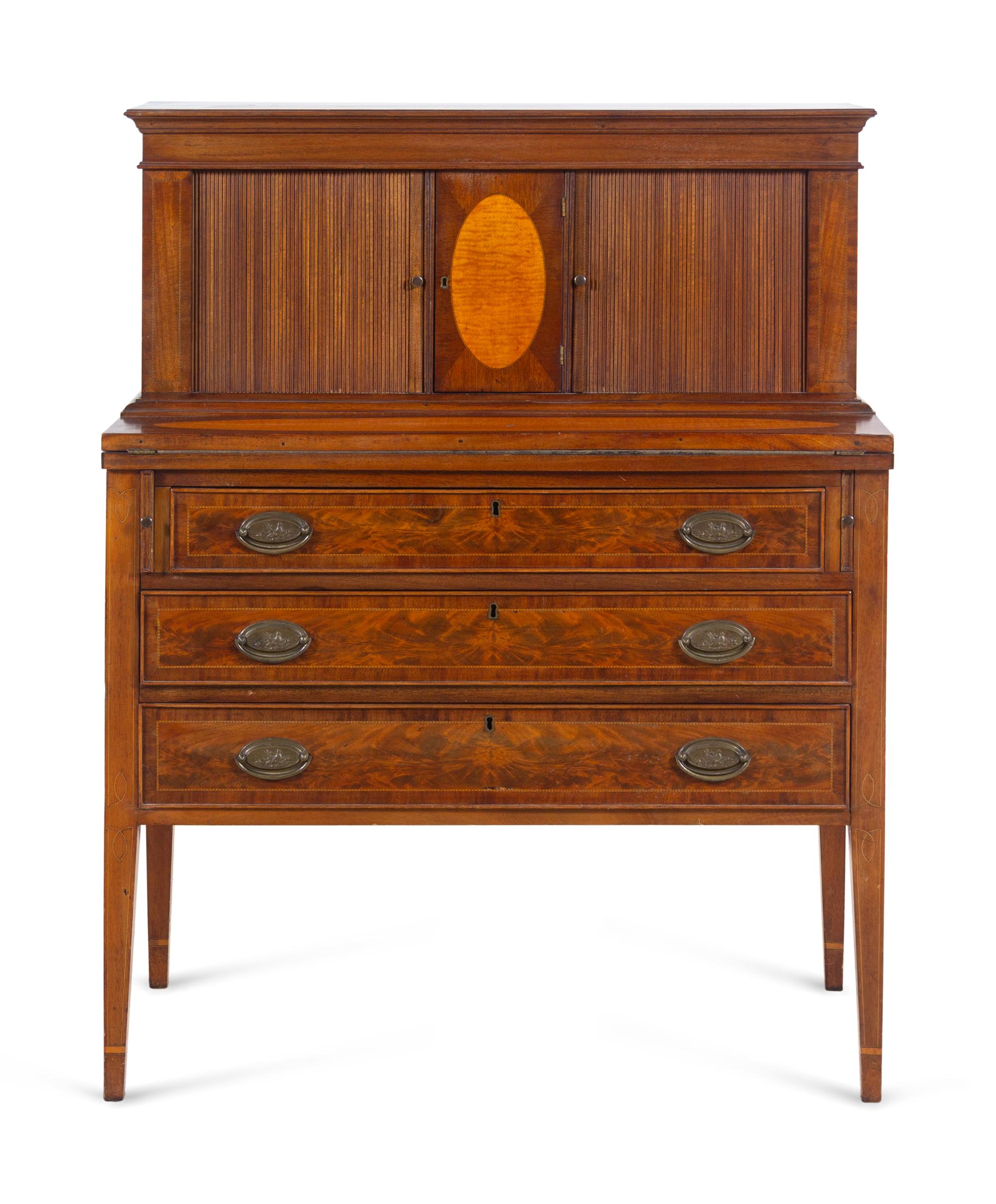 A Federal Mahogany, Walnut and Maple Tambour Desk