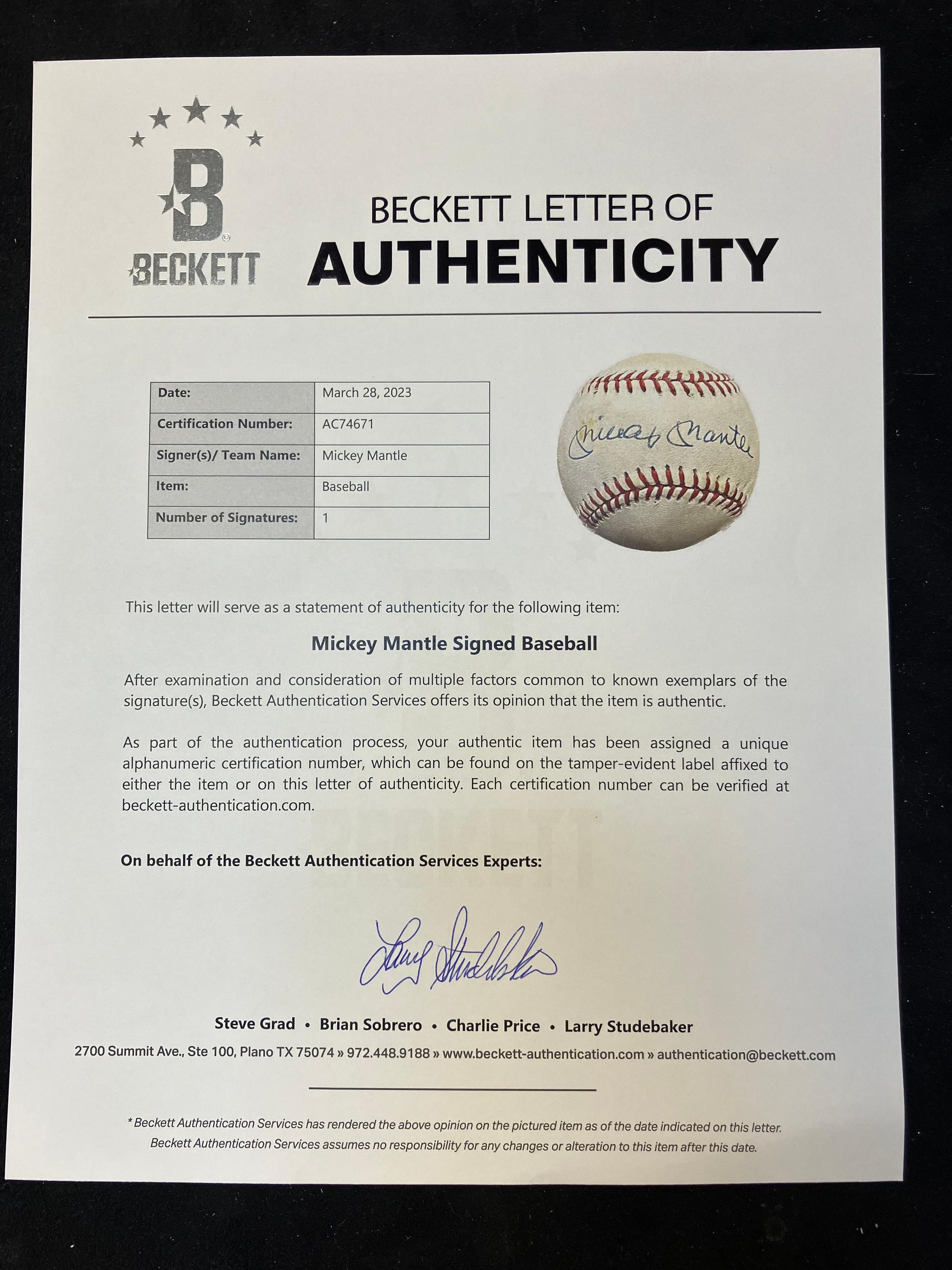 A Mickey Mantle Single Signed Autograph Baseball (Beckett Authentication Services Letter)