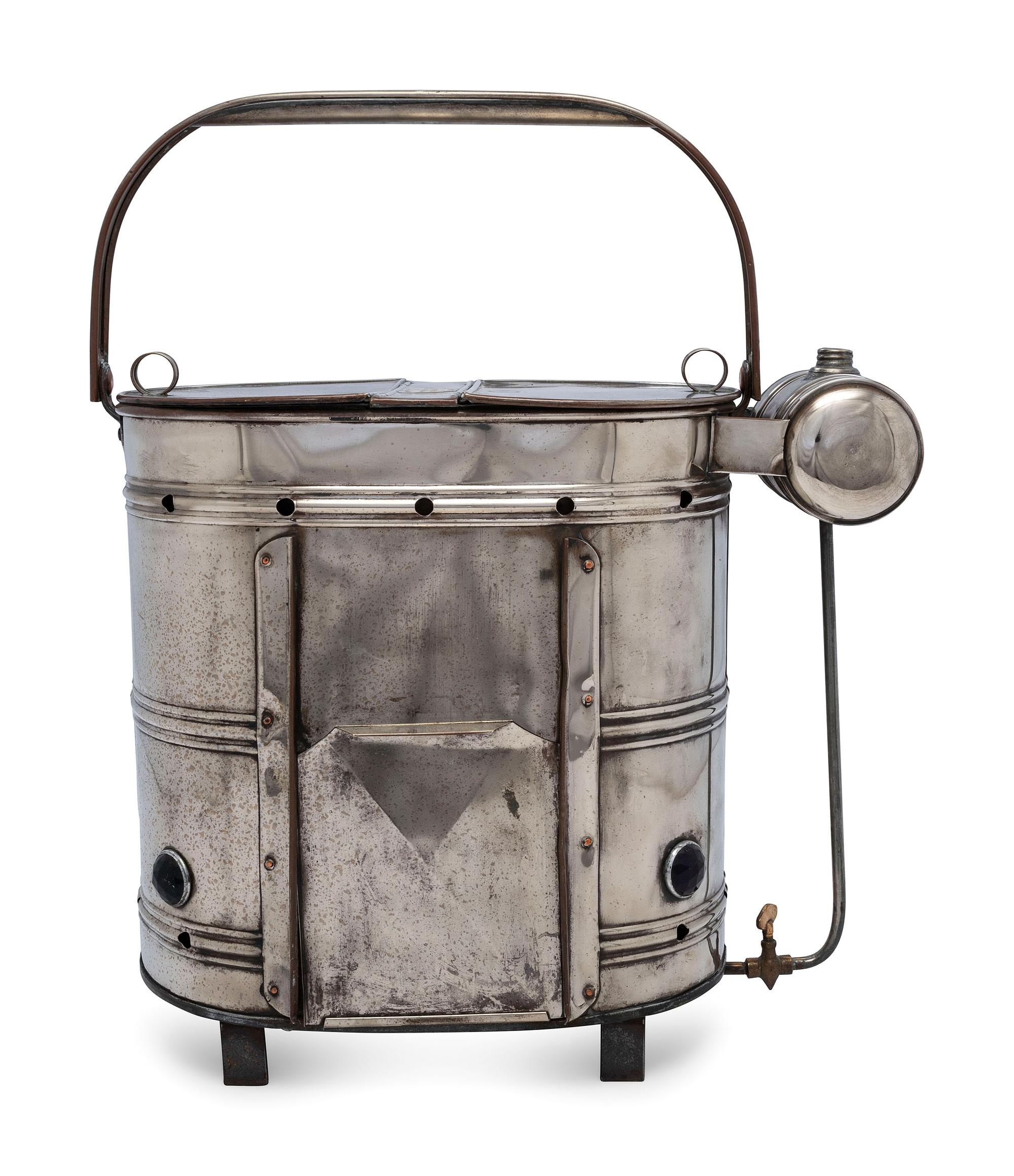 An American Nickel-Plated Copper Hotdog Vendor Steamer with Burner and Jewels