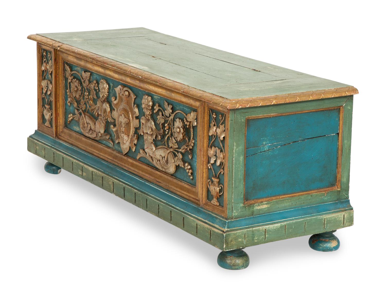 An Italian Parcel Gilt, Silvered and Polychrome Painted Cassone