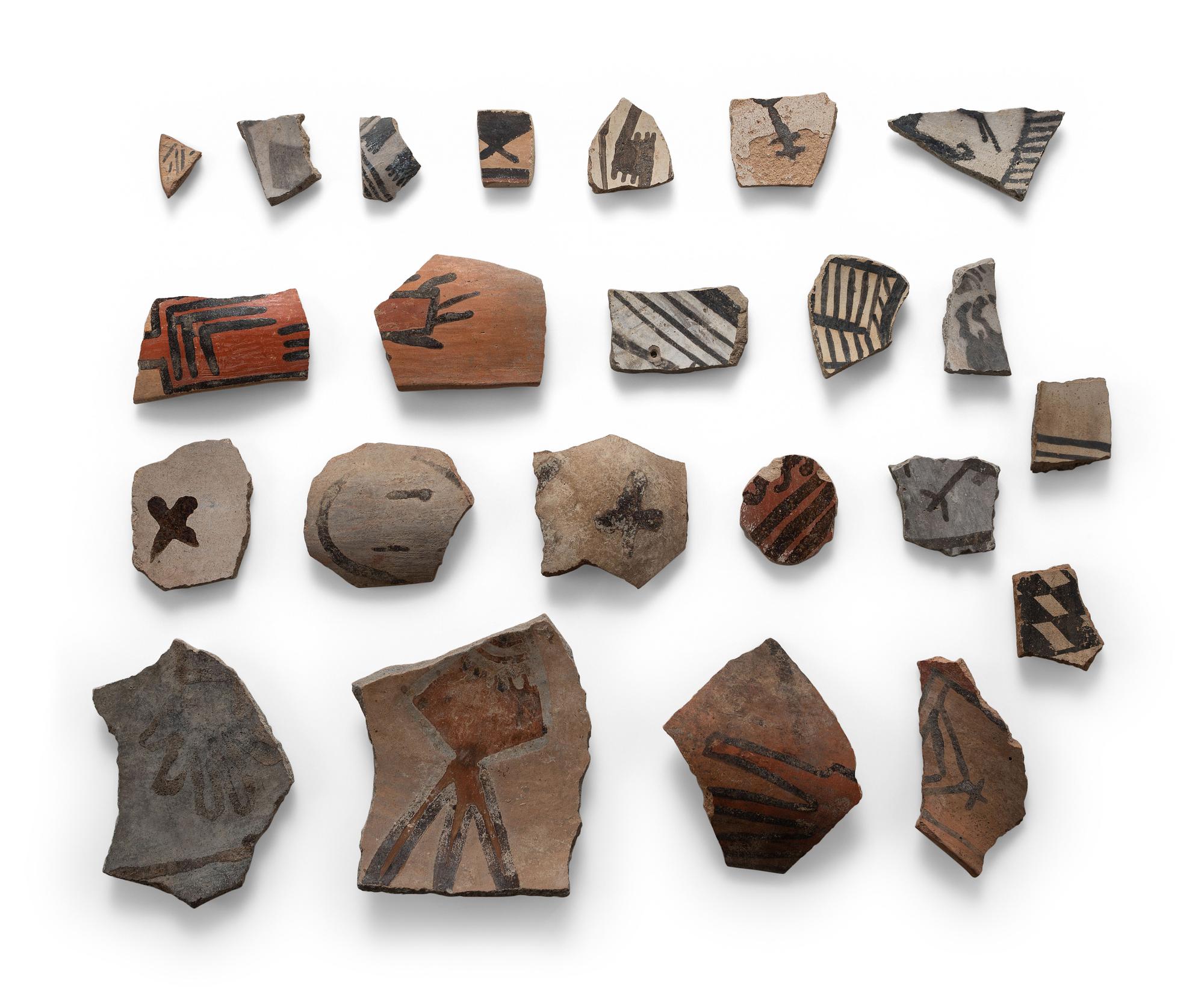 Collection of San Lazaro Pueblo Pottery Sherds, Many with Human, Dragonfly, and Avian Effigies, From the Collection of Forrest Fenn