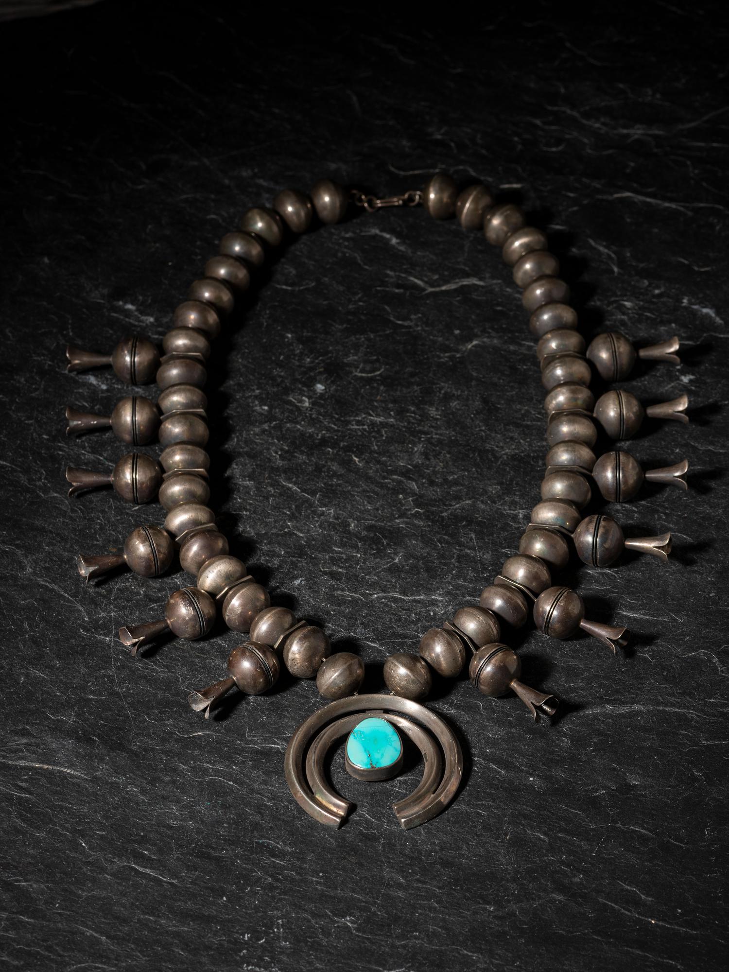 Navajo Silver and Turquoise Statement Squash Blossom Necklace