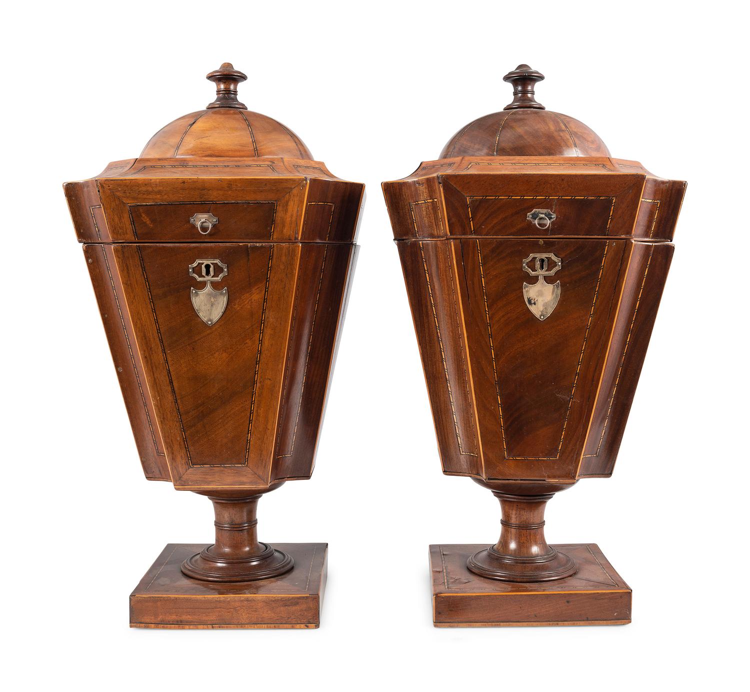 A Pair of Federal Silver-Mounted, Figured and Inlaid Mahogany Urn-Form Knife Boxes